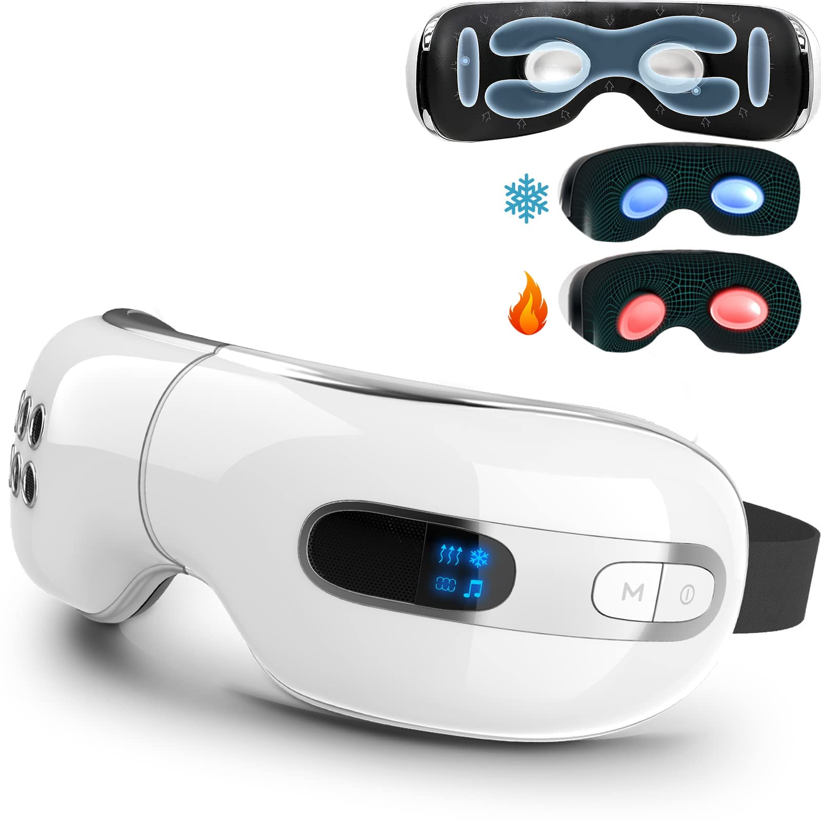 Rechargeable Bluetooth Eye Massager with Heat & Cooling Therapy for Migraine Relief, Dry Eyes, Dark Circles | Sleep Aid with Music | Perfect Gift for Women & Men (White) | Use for Home Relaxation, Office Stress Relief & Travel Comfort