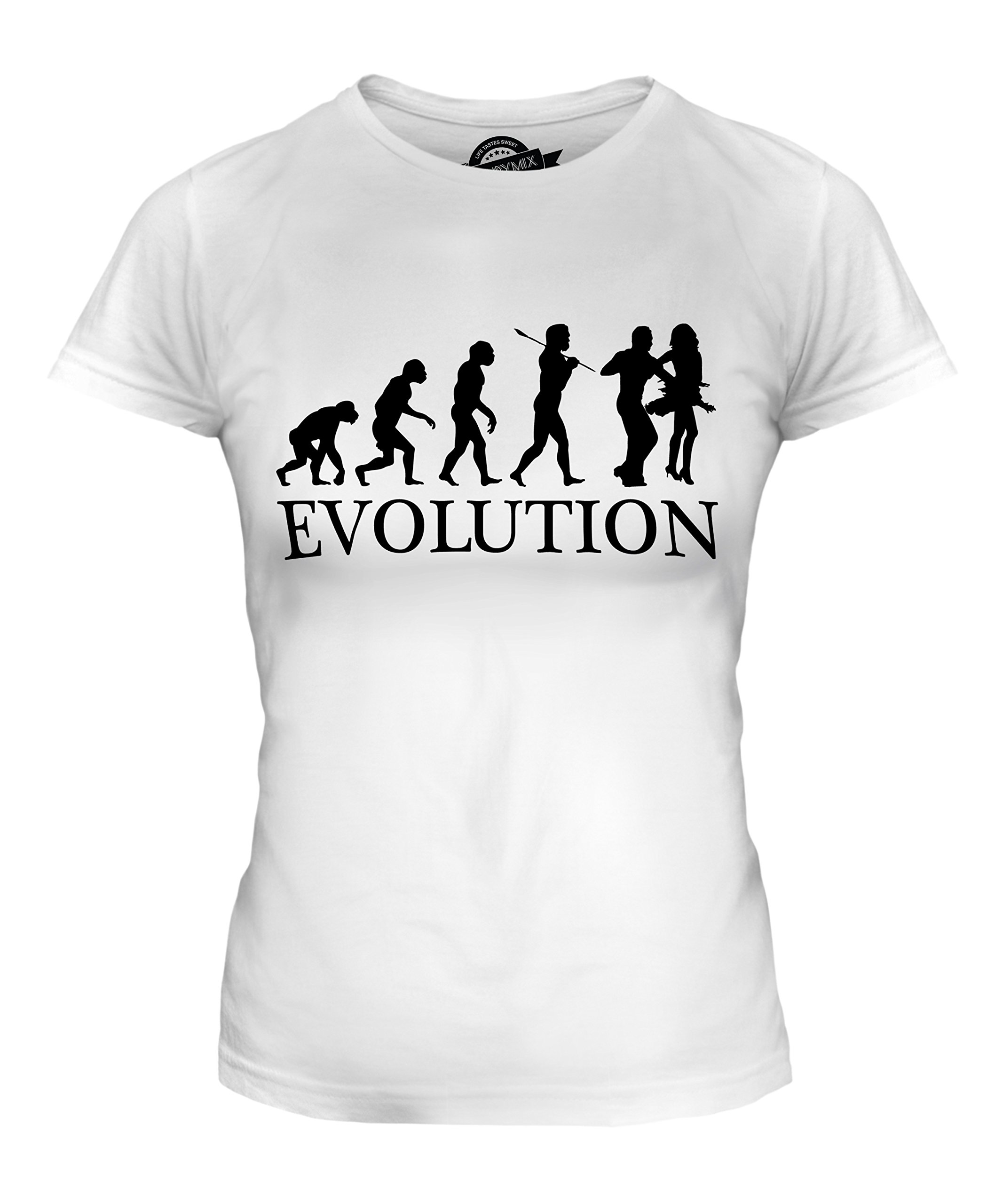 CandyMix Women's Fitted Salsa Dancing T-Shirt - Evolution of Man Graphic Tee - Perfect for Latin Dance Classes, Parties & Casual Wear