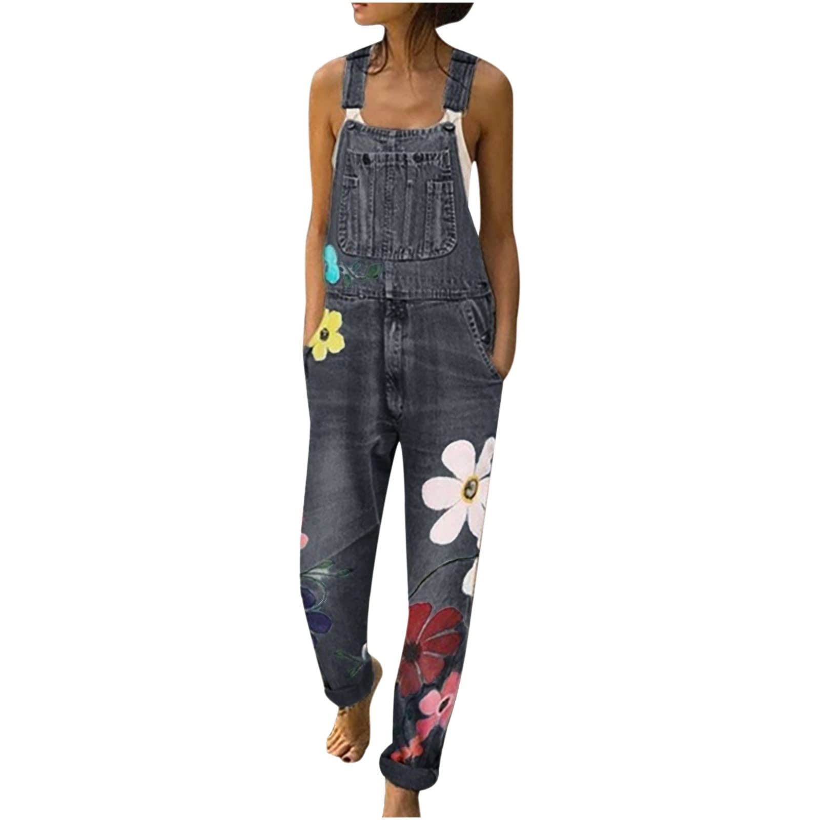 Posijego Women's Ripped Denim Overalls - Casual Graphic One Piece Jumpsuit with Distressed Details | Trendy Fashion Overalls for Women | Perfect for Streetwear, Music Festivals & Everyday Outfits