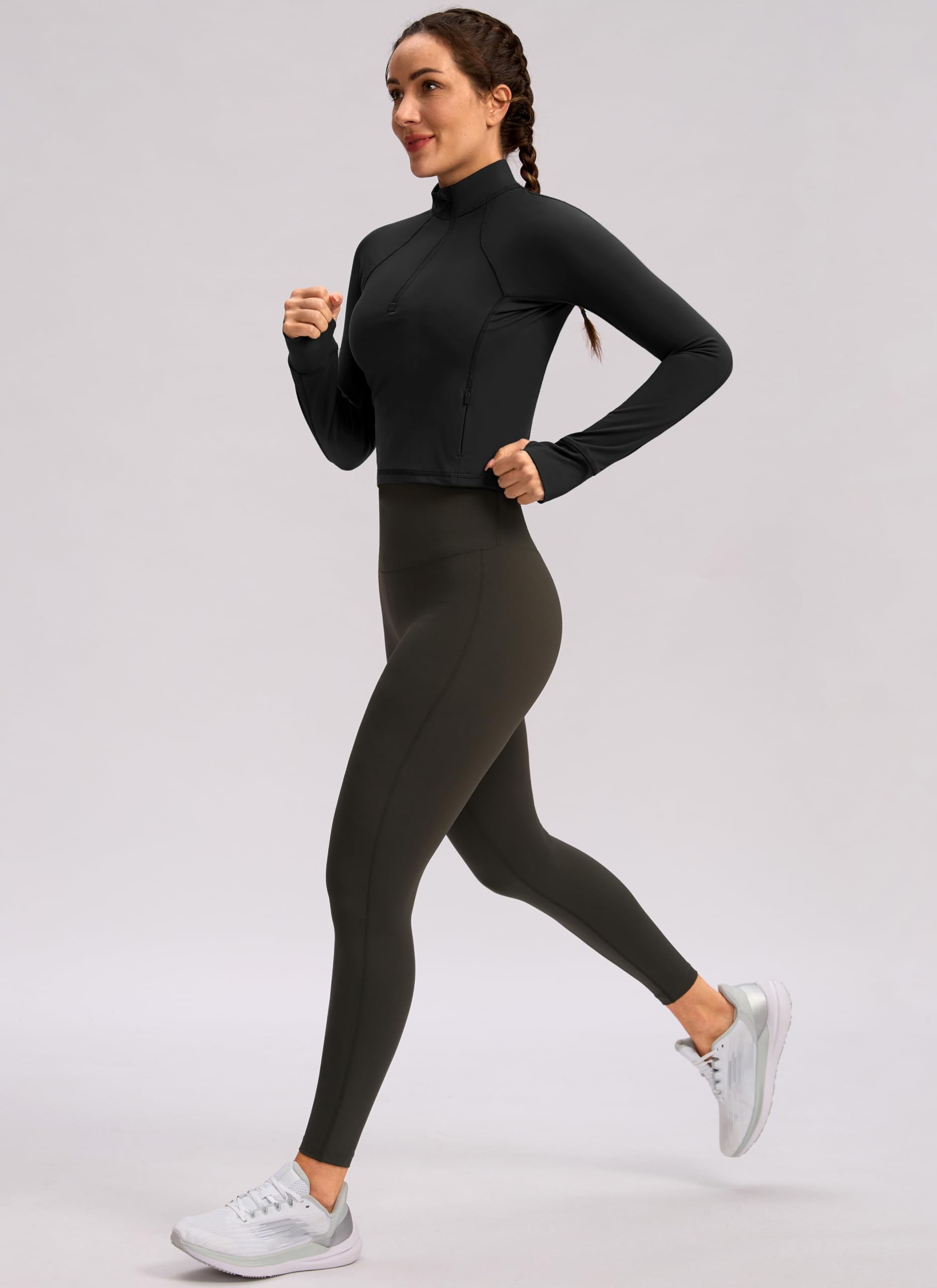Soothfeel Women's Half Zip Cropped Workout Top - Long Sleeve Yoga Shirt with Pocket for Running, Gym & Athletic Wear - Perfect for Yoga, Pilates & Outdoor Activities