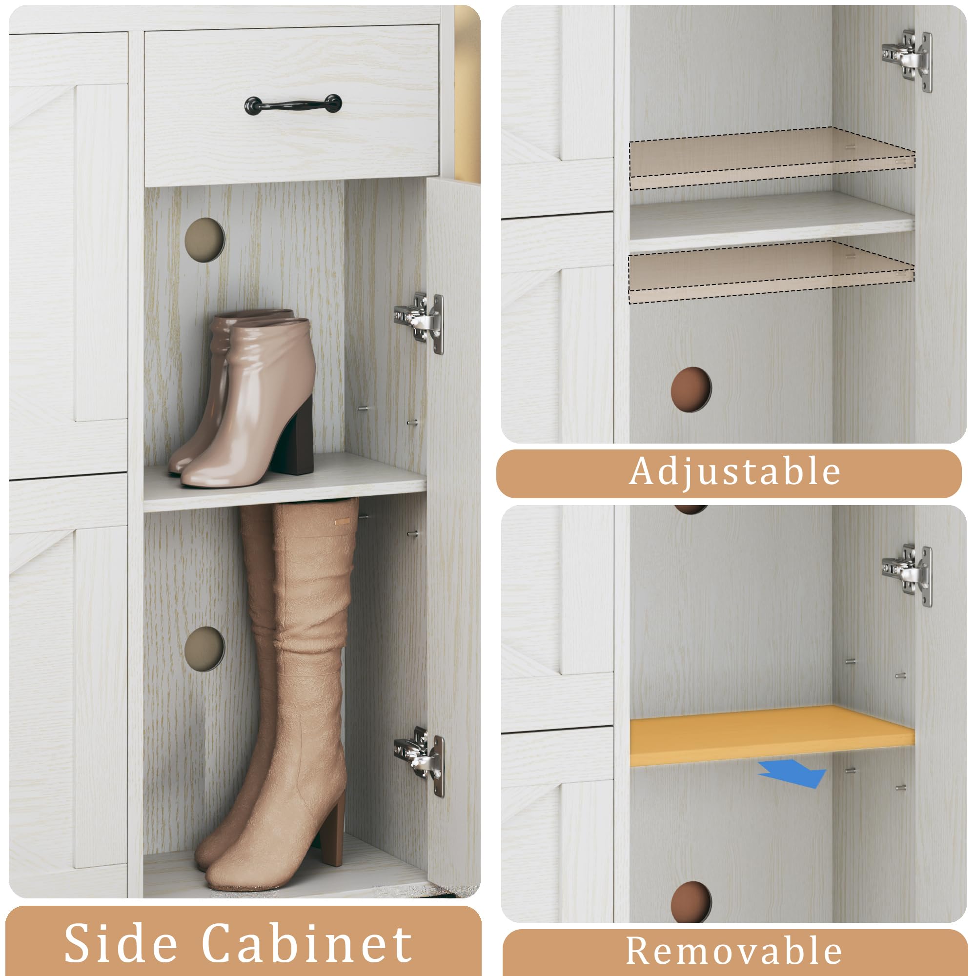 White Shoe Cabinet with 2 Flip Drawers & Side Storage - Adjustable Shelves Shoe Organizer for Entryway, Hallway - Space Saving Mounted Shoe Rack for Home, Apartment, Dorm Room Organization