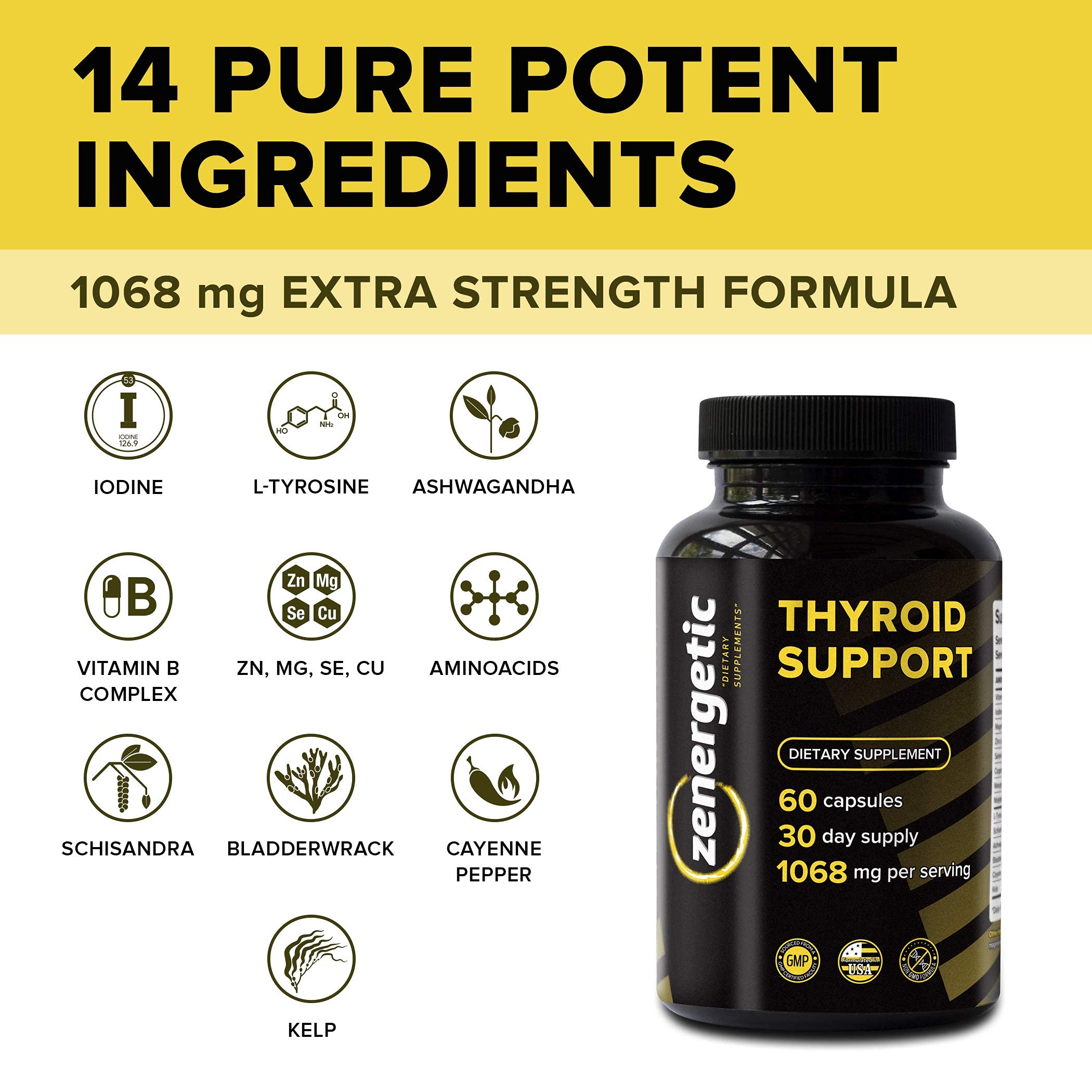 Thyroid Support Supplement with L-Tyrosine & Iodine for Focus, Clarity & Metabolism | Ashwagandha, Vitamin B12, Magnesium & Schisandra | Hormone Balance for Women & Men | Non-GMO | Boost Energy & Mental Performance for Workouts & Daily Life
