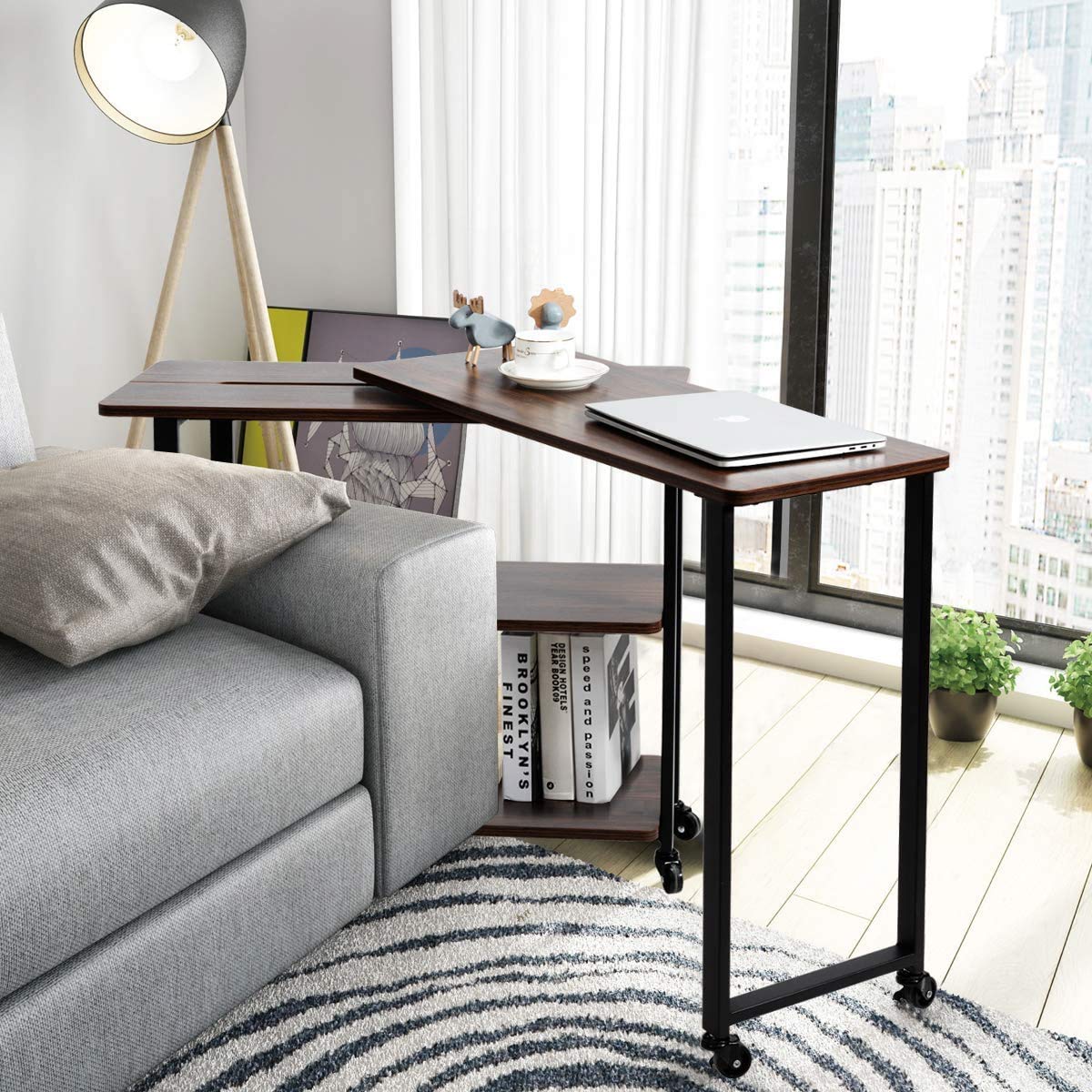 360° Rotating Side Table with 2-Tier Shelves & Wheels - Flexible Wood Movable End Table for Couch, Office, Living Room - Space Saving Coffee Table (Walnut) - Perfect for Small Spaces, TV Snacking & Reading Nooks