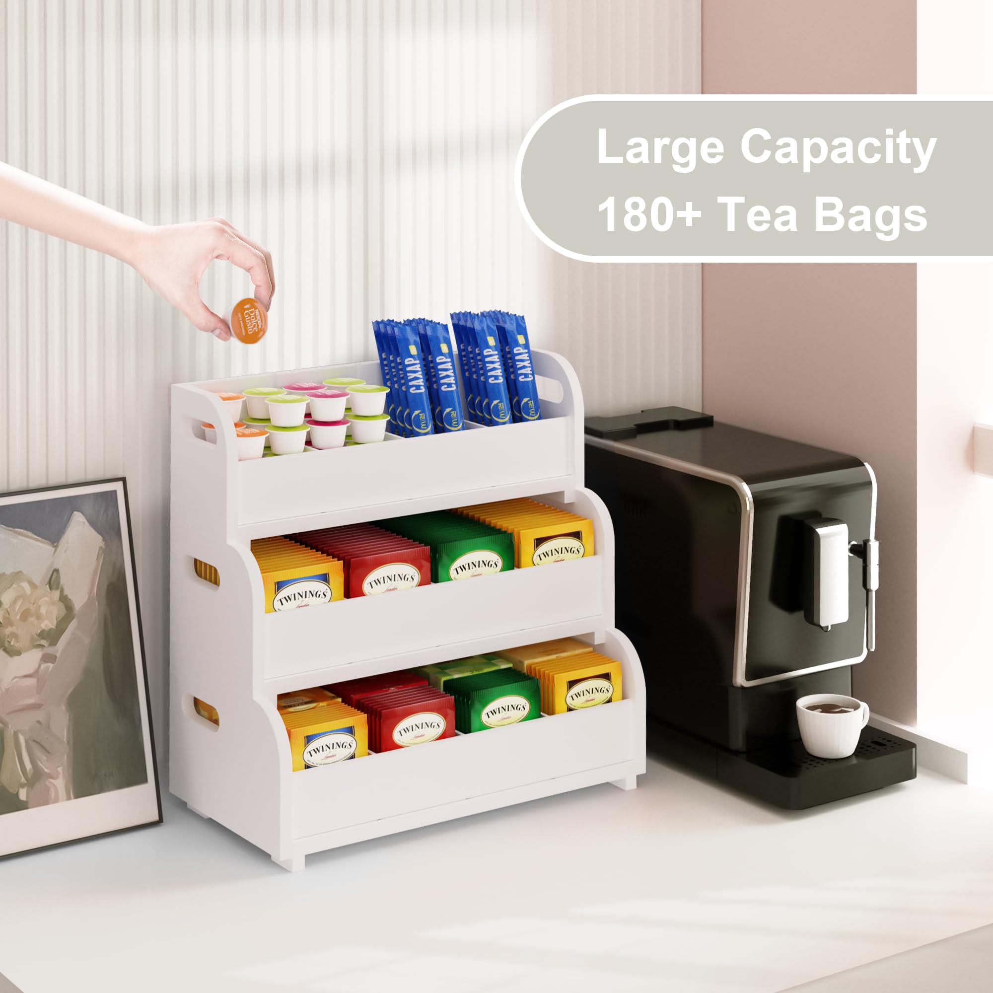 3-Tier Stackable Bamboo Tea Bag Organizer - Wall Mount Tea Storage Box for Kitchen, Pantry & Office - Large Capacity White Tea Holder for Tea Bags (Perfect for Organizing Loose Leaf Tea & Tea Bags in Home & Workspaces)