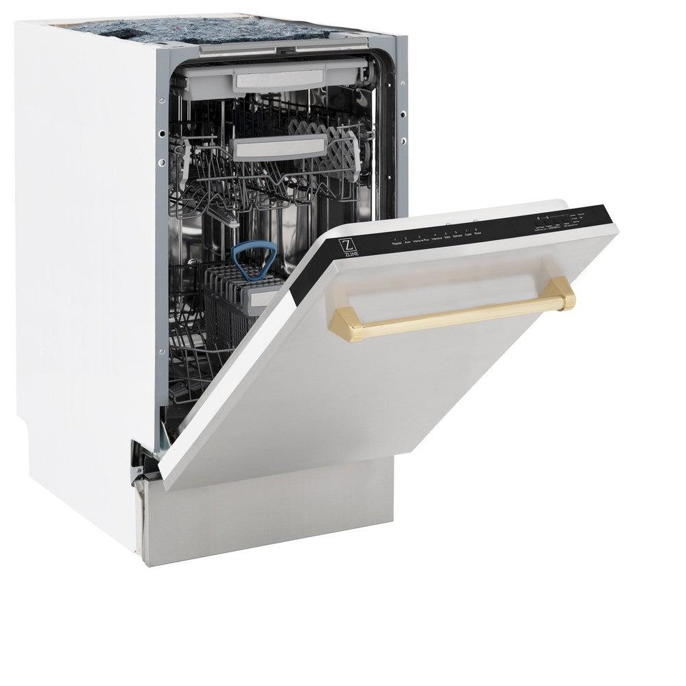 ZLINE Autograph Edition 18-inch Compact 3rd Rack Top Control Dishwasher in Stainless Steel with Polished Gold Handle - 51dBa Ultra Quiet (DWVZ 304 18 G) | Perfect for Small Kitchens, Apartments & RVs