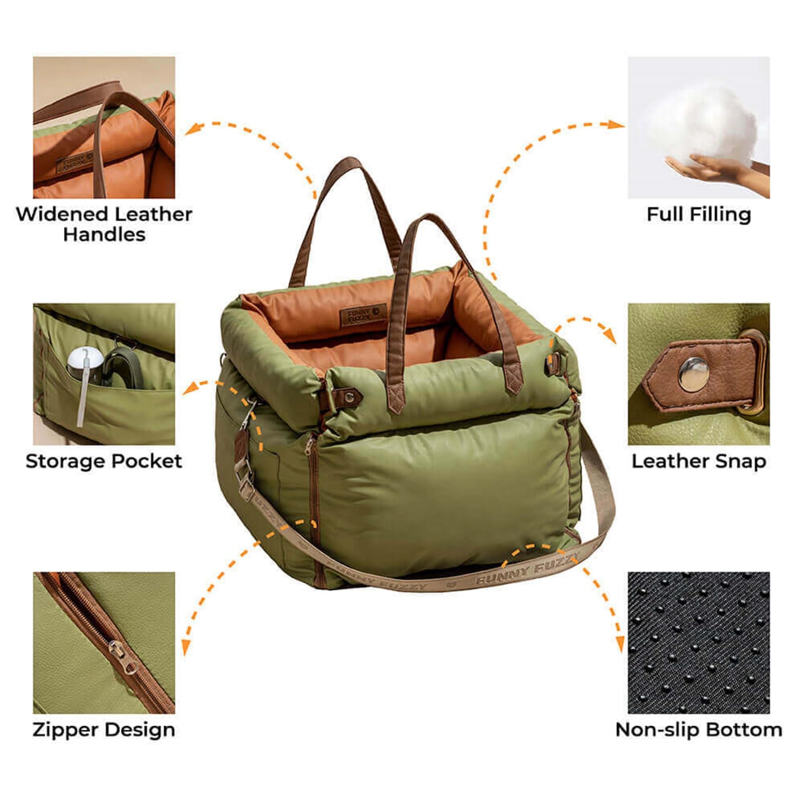 Waterproof Dog Car Seat for Small Dogs - Portable Pet Car Bed with Safety Leash & Storage Pocket, Detachable Design (Green, 21.65x19.69x17.72 inches) - Perfect for Road Trips, Vet Visits & Daily Commutes