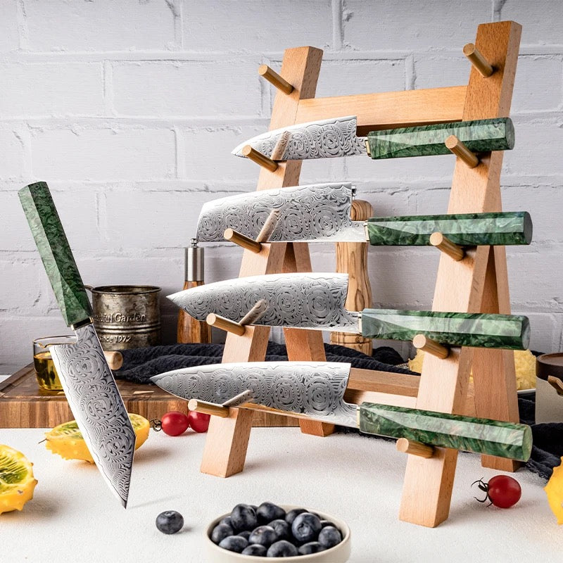 Premium 5-Piece Japanese Damascus Steel Knife Set - VG-10 Core, 67-Layer Mosaic Pattern & Exotic Maple Burl Wood Handle - Professional Chef Knives for Sushi, Meat Cutting & Kitchen Prep