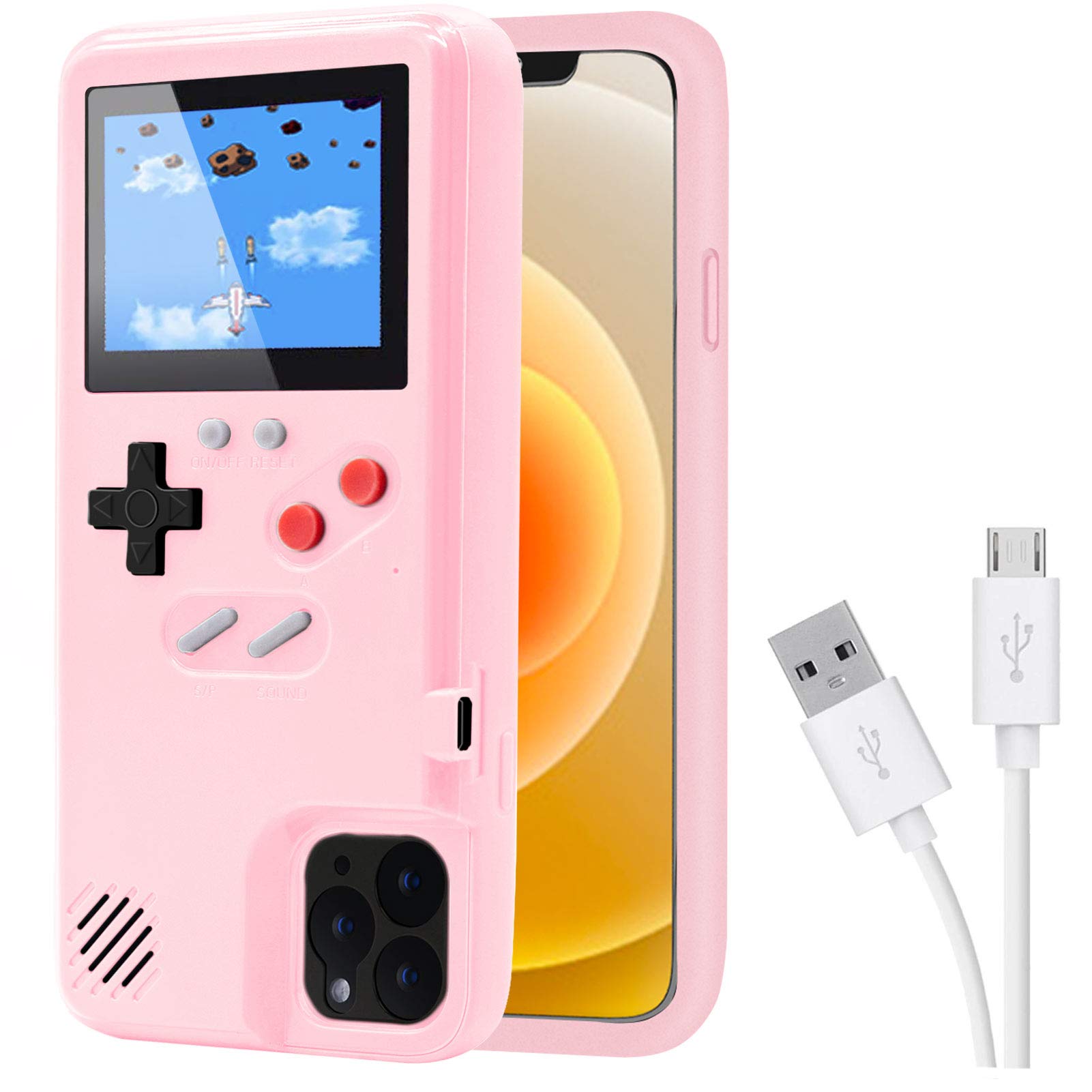 Retro Game Case for iPhone 12/12 Pro - 36 Built-in Classic Games with Color Display & Rechargeable Battery - Pink Protective Gaming Cover - Perfect for Travel, Commuting & Nostalgic Entertainment