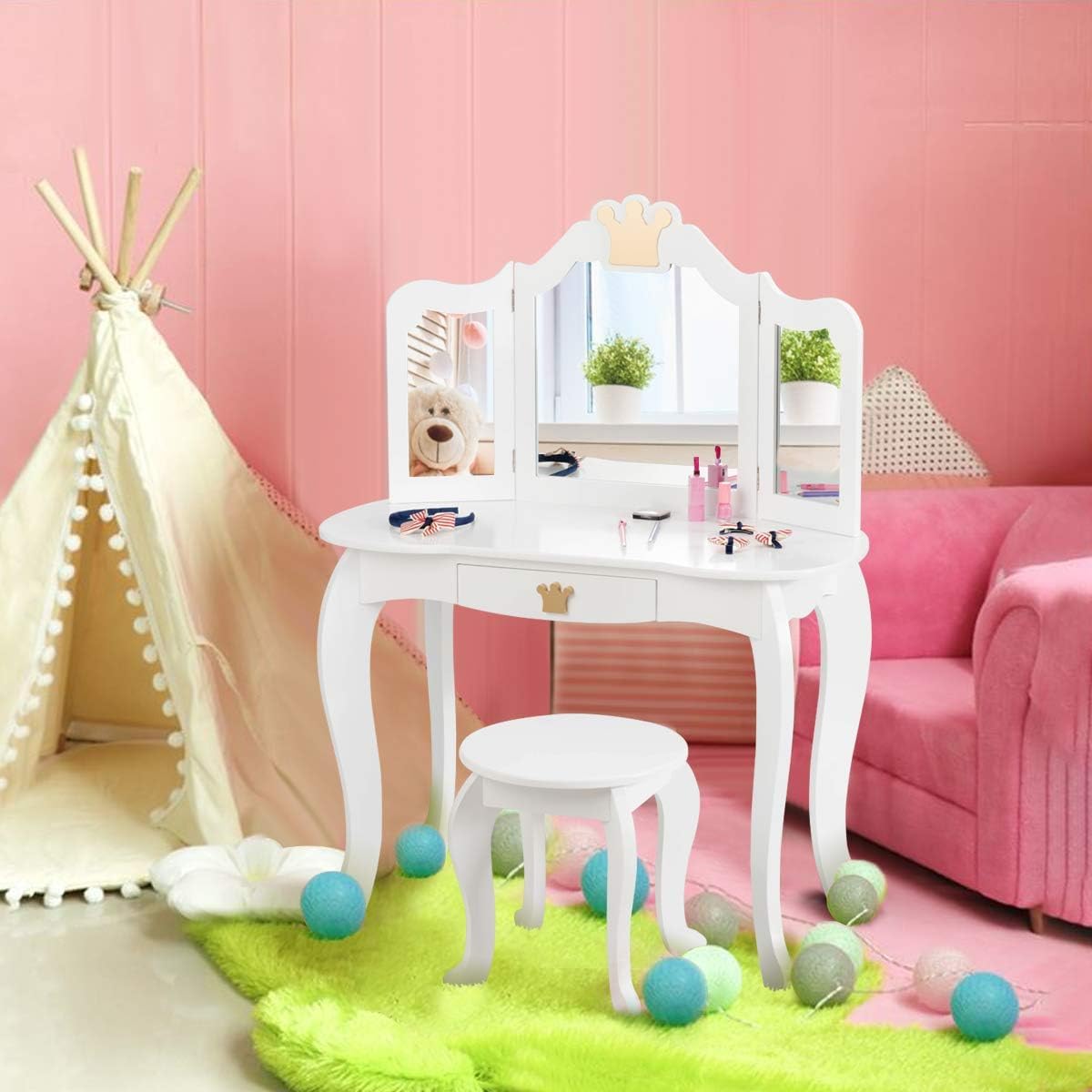 Olakids 2-in-1 Wooden Princess Vanity Set with Mirror & Storage - Kids Makeup Table & Chair Play Set for Girls - Pretend Play Beauty Dressing Toy with Detachable Mirror & Drawers - Perfect for Bedroom, Playroom & Birthday Gifts (White)