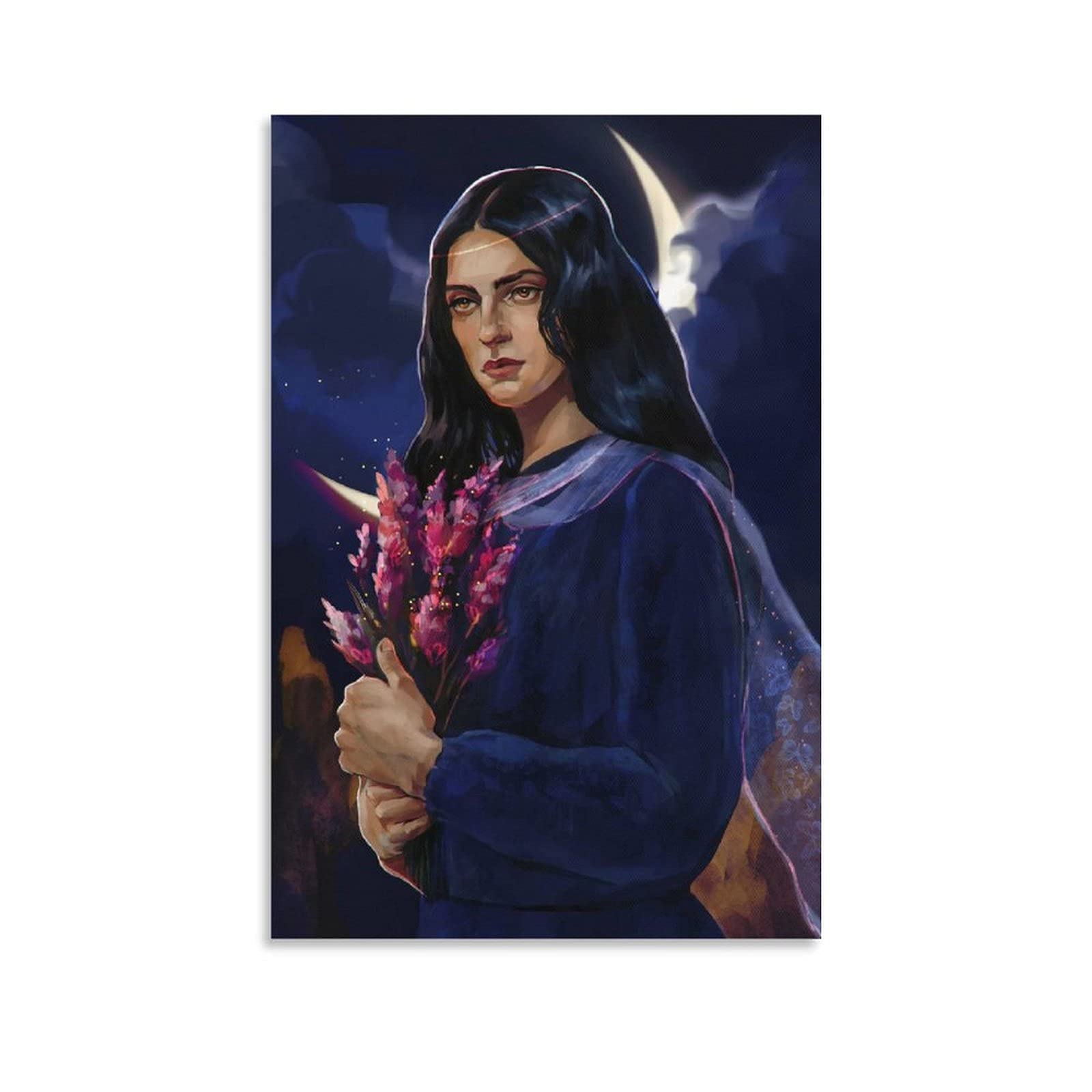Ruowang Moonlight and Blue Night Sky Nun Holding Flowers Christ Jesus Religious Wall Art Poster - 24x36 Inch (60x90cm) Canvas Painting for Home Decor, Church, Bedroom & Office