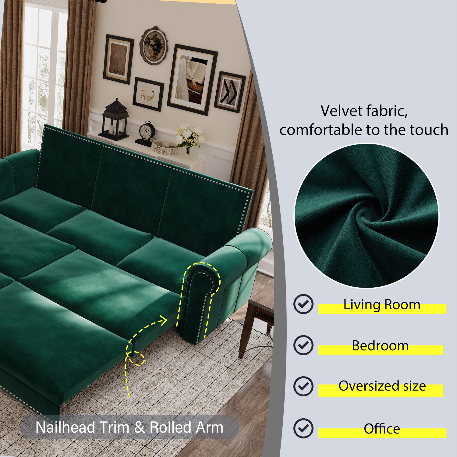 93.7'' King Size Chesterfield Pull Out Sofa Bed - 3-in-1 Velvet Convertible Sleeper Sofa with Nailhead Trim & Rolled Arms - Multi-Functional Sectional for Living Room, Bedroom, Apartment & Office - Emerald Green Sofa Bed for Small Spaces & Guest Rooms