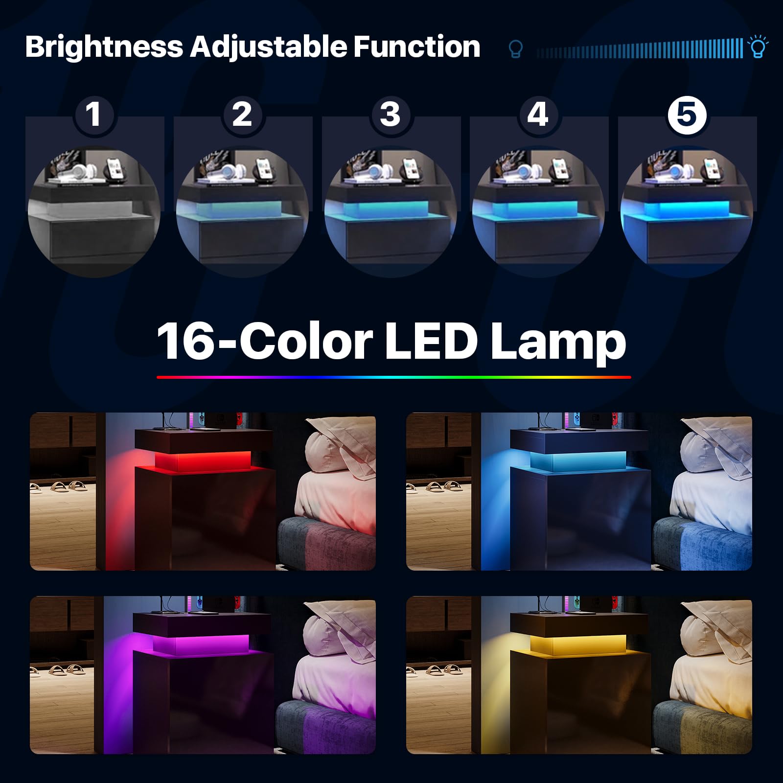 Oneinmil Nightstand Set of 2 - Modern LED Bedside Tables with Storage Cabinet & Touch Lights - Black End Tables for Bedroom, Living Room & Office (Perfect for Reading, Charging Devices & Bedroom Decor)