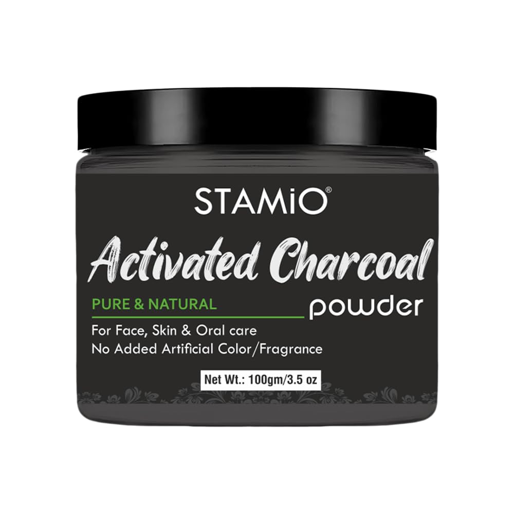 STAMIO Activated Charcoal Powder 100g - Natural Face Mask for Deep Cleansing, Blackhead Removal & Skin Detox | Chemical-Free Skincare for All Skin Types | Men & Women | 3.53oz Jar | Perfect for Acne Treatment, Pore Minimizing & Glowing Skin Routine