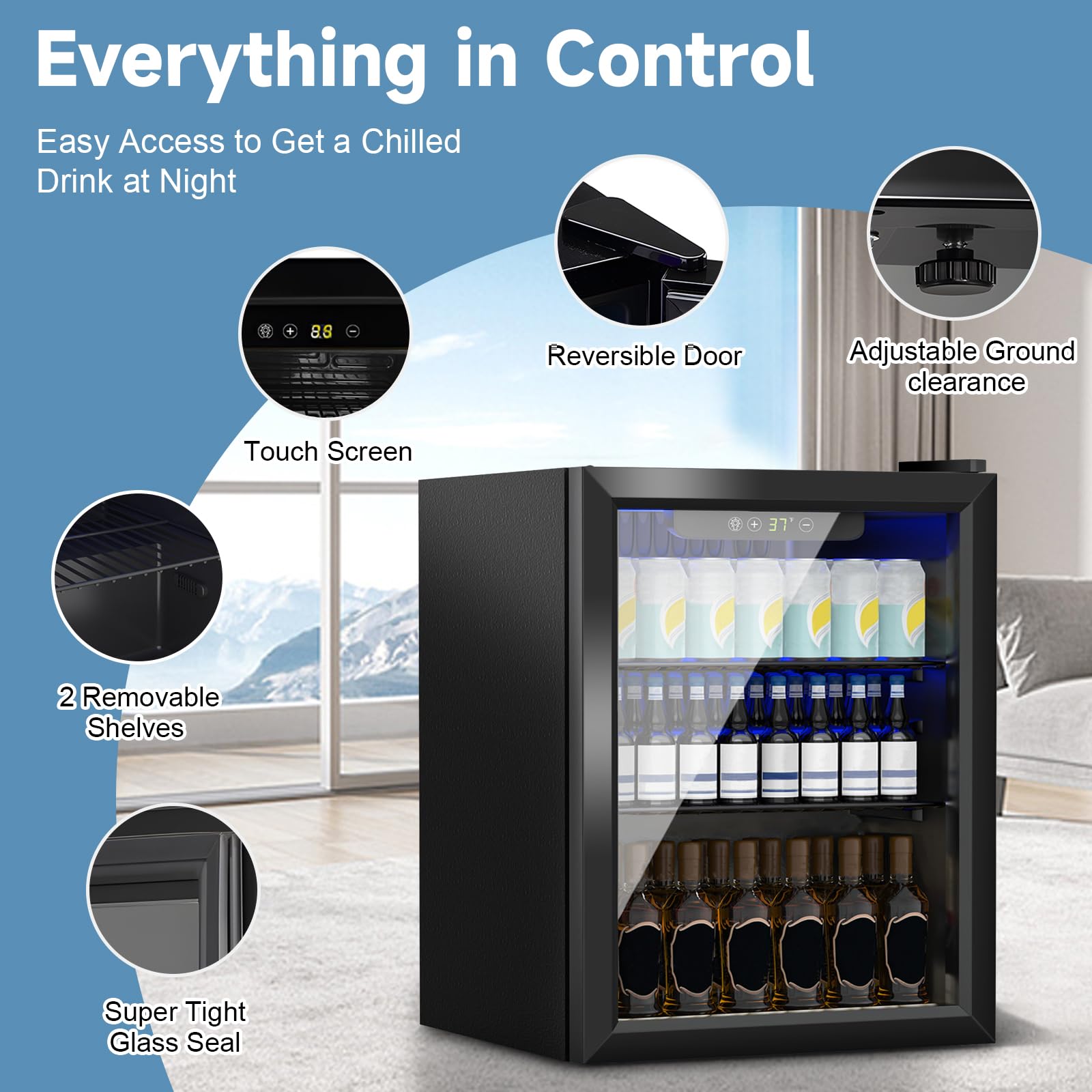70 Can Mini Fridge Beverage Cooler - 1.6 Cubic Feet Compact Refrigerator with Glass Door & Digital Display, Adjustable Shelves for Soda Beer Wine - Perfect for Home Office Dorm Bar Kitchen (Black)