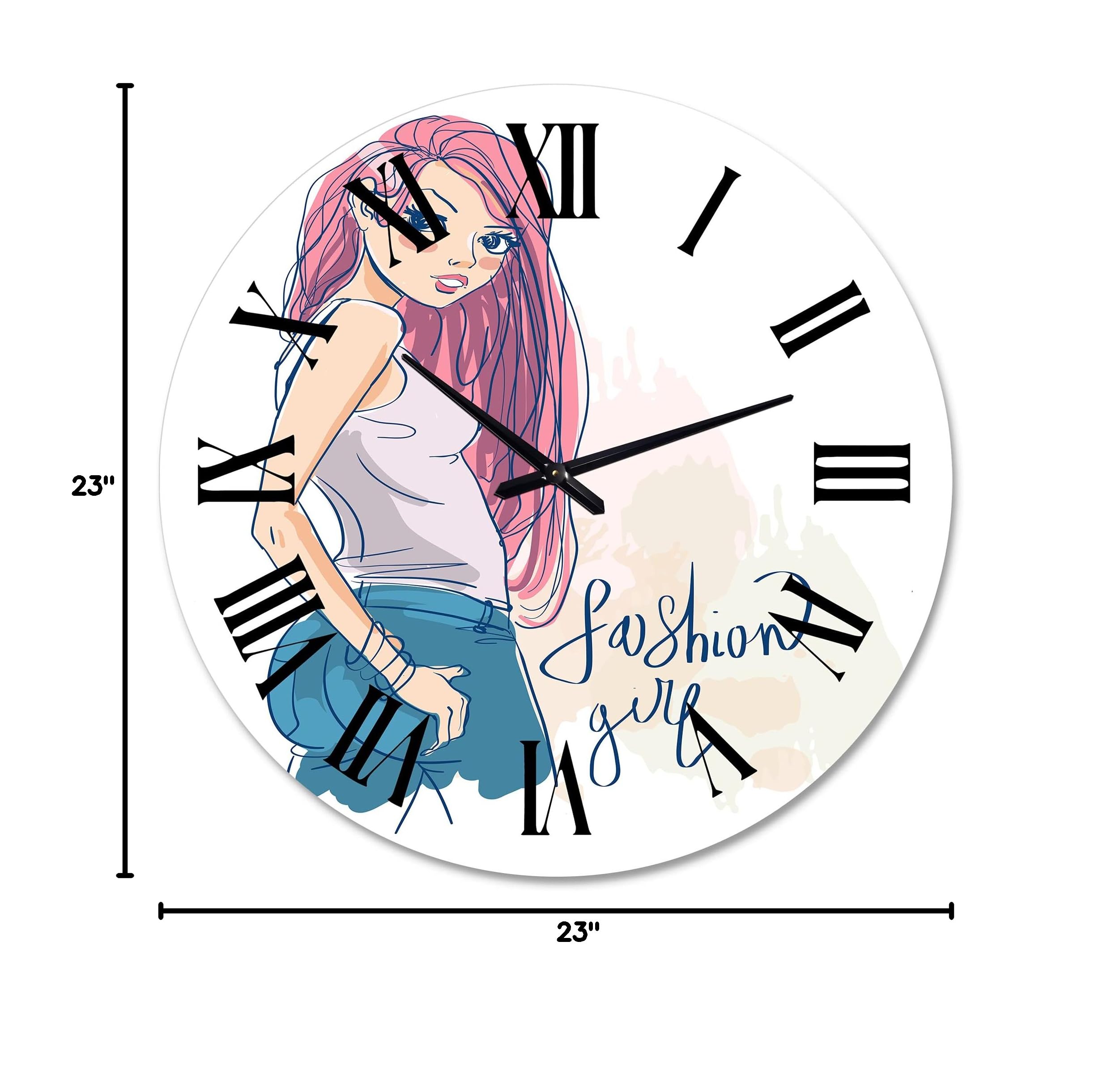 Trendy Fashion Girl Wall Clock for Kids Room Decor - Large Silent Non-Ticking Children's Art Clock - Perfect for Bedroom, Playroom & Nursery Decor (DesignQ)