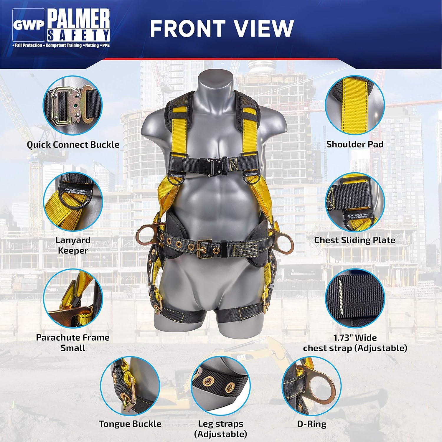 Palmer Safety Hammerhead 5-Point Safety Harness with Back Padding, QCB Chest Buckle, Tongue Buckle Leg Straps & D-Rings - OSHA Compliant Fall Protection for Construction, Roofing & Industrial Work