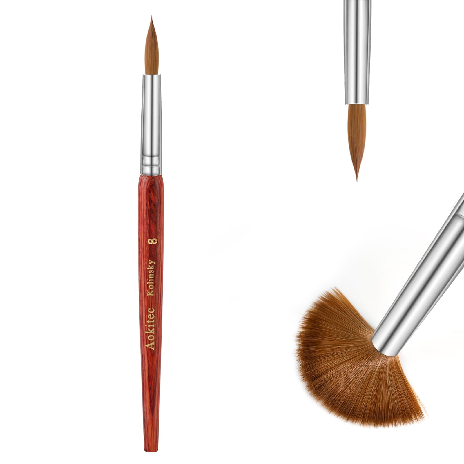 Premium Aokitec Size 8 Acrylic Nail Brush - 100% Kolinsky Hair Bristles with Durable Wooden Handle - Professional Oval Crimped Sable Brush for Acrylic Powder & Nail Art - Perfect for Salon & Home Manicures (Red Wood)