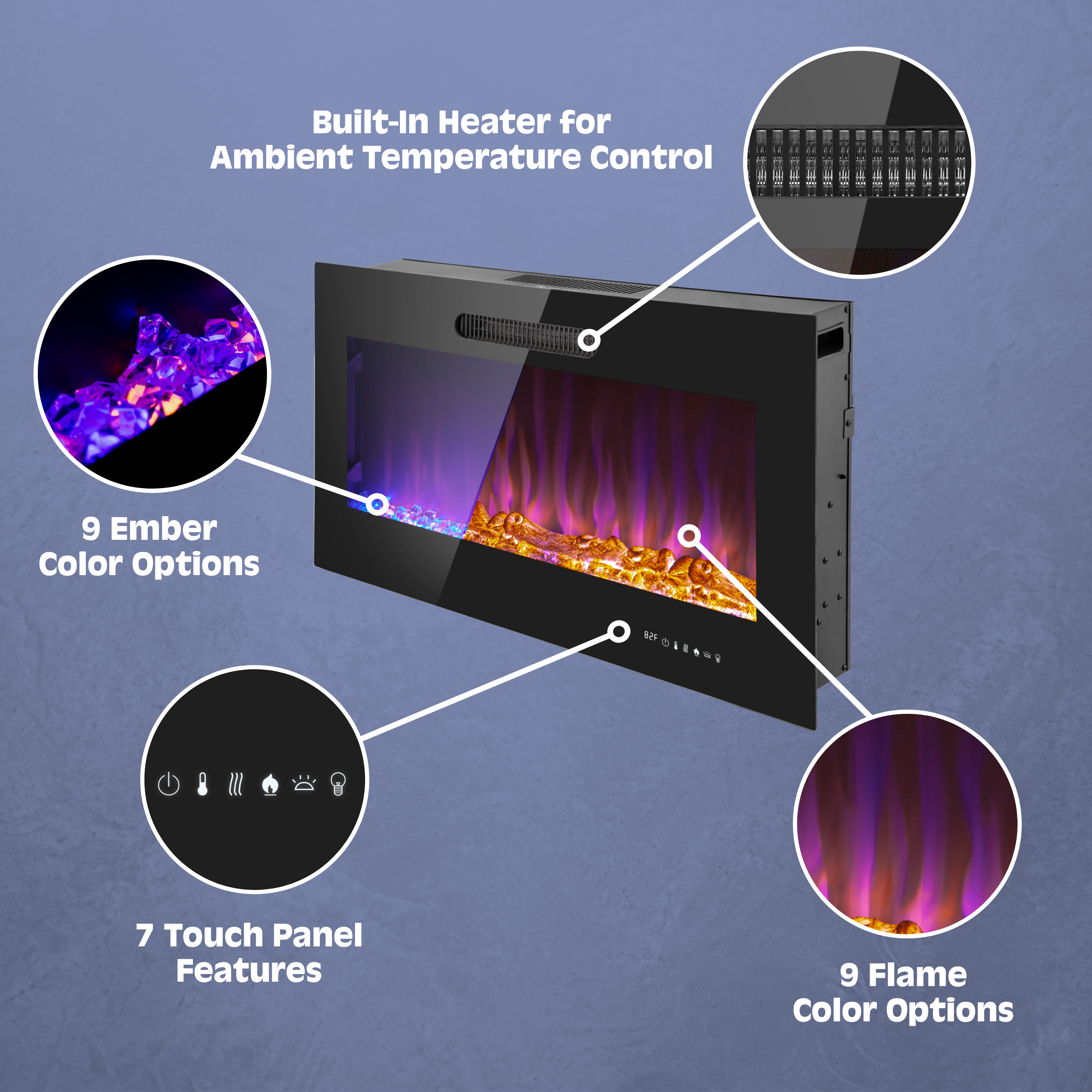 36 Inch LED Slim Electric Fireplace Insert - Wall Mounted Fireplace with 1500W Heater, Adjustable Realistic Flame, Remote Control (Log & Crystal Ember Options) - Perfect for Living Room, Bedroom & Office Heating & Decor