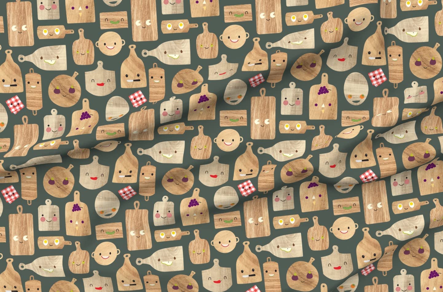 Happy Smiling Faces Cute Wood Printed Cotton Poplin Fabric by The Yard - Charcuterie Boards Design for Sewing, Quilting, Dresses & DIY Crafts - Perfect for Home Decor, Apparel & Gift Making