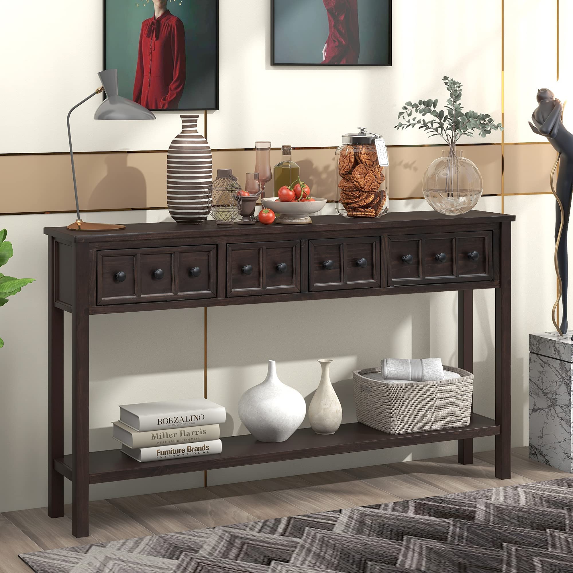 Merax 60 Inch Long Rustic Entryway Table with Storage Drawers & Shelf - Narrow Sofa Table Behind Couch, Espresso Finish - Perfect for Hallway, Living Room & Entryway Decor