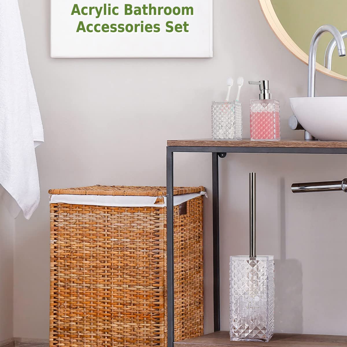 6-Piece Clear Acrylic Bathroom Accessories Set - Toothbrush Holder, Cup, Soap Dispenser, Toilet Brush Set & Soap Dish | Modern Bathroom Decor | Housewarming Gift for New Home, Apartment or Dorm