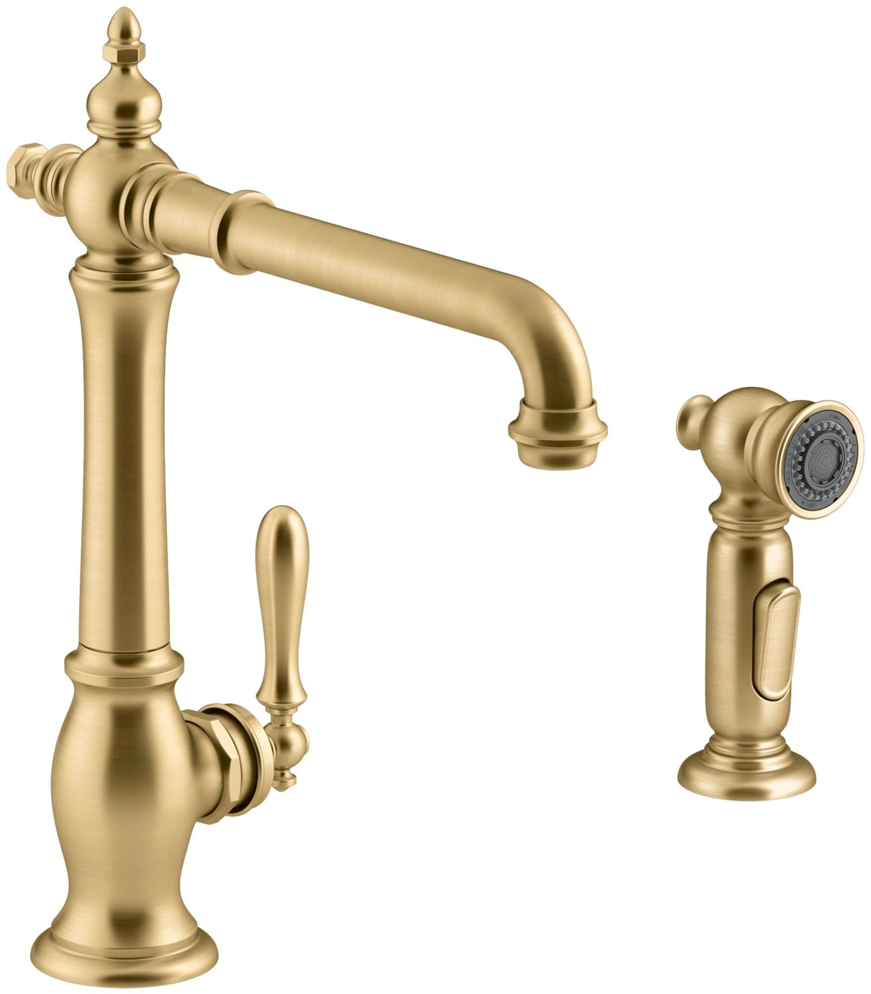 Kohler K-99265-2MB Artifacts Single Handle Pull-Down Kitchen Faucet with Side Sprayer in Vibrant Moderne Brushed Brass Finish - Perfect for Modern Farmhouse & Contemporary Kitchen Renovations