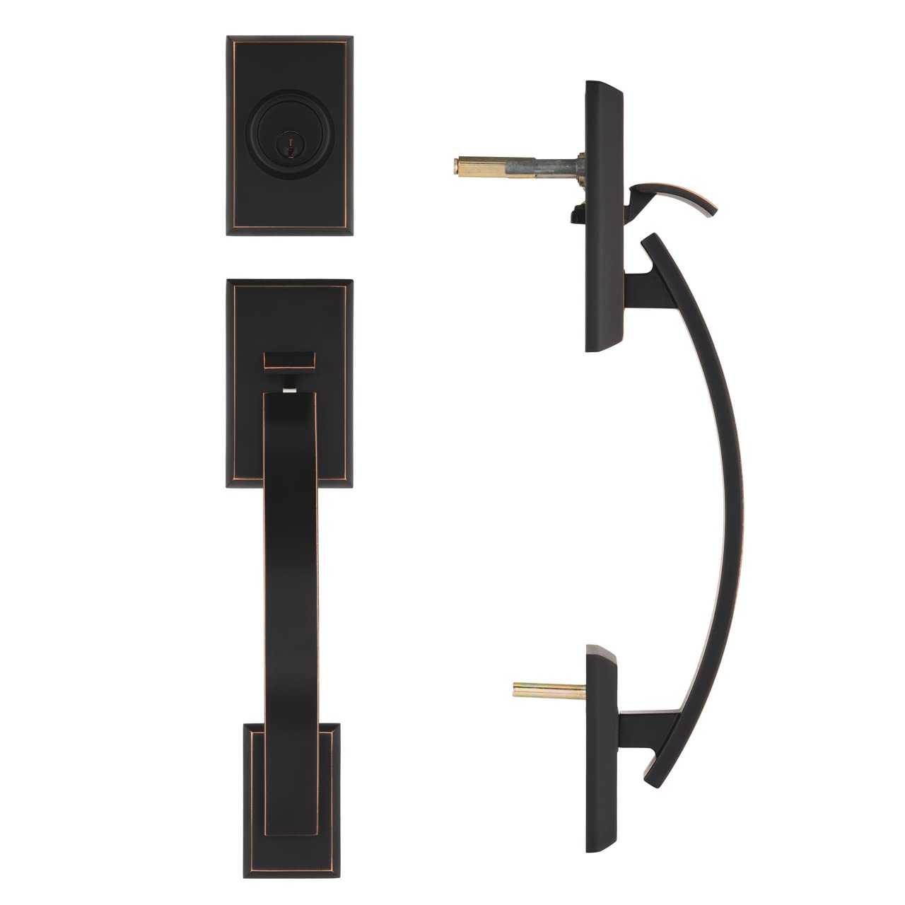CozyBlock Double Door Handle Set with Single Cylinder Deadbolt - Adjustable Rectangular Entry Door Lock Set with Dummy (Round Lever, Oil Rubbed Bronze) for Home, Office & Apartment Security