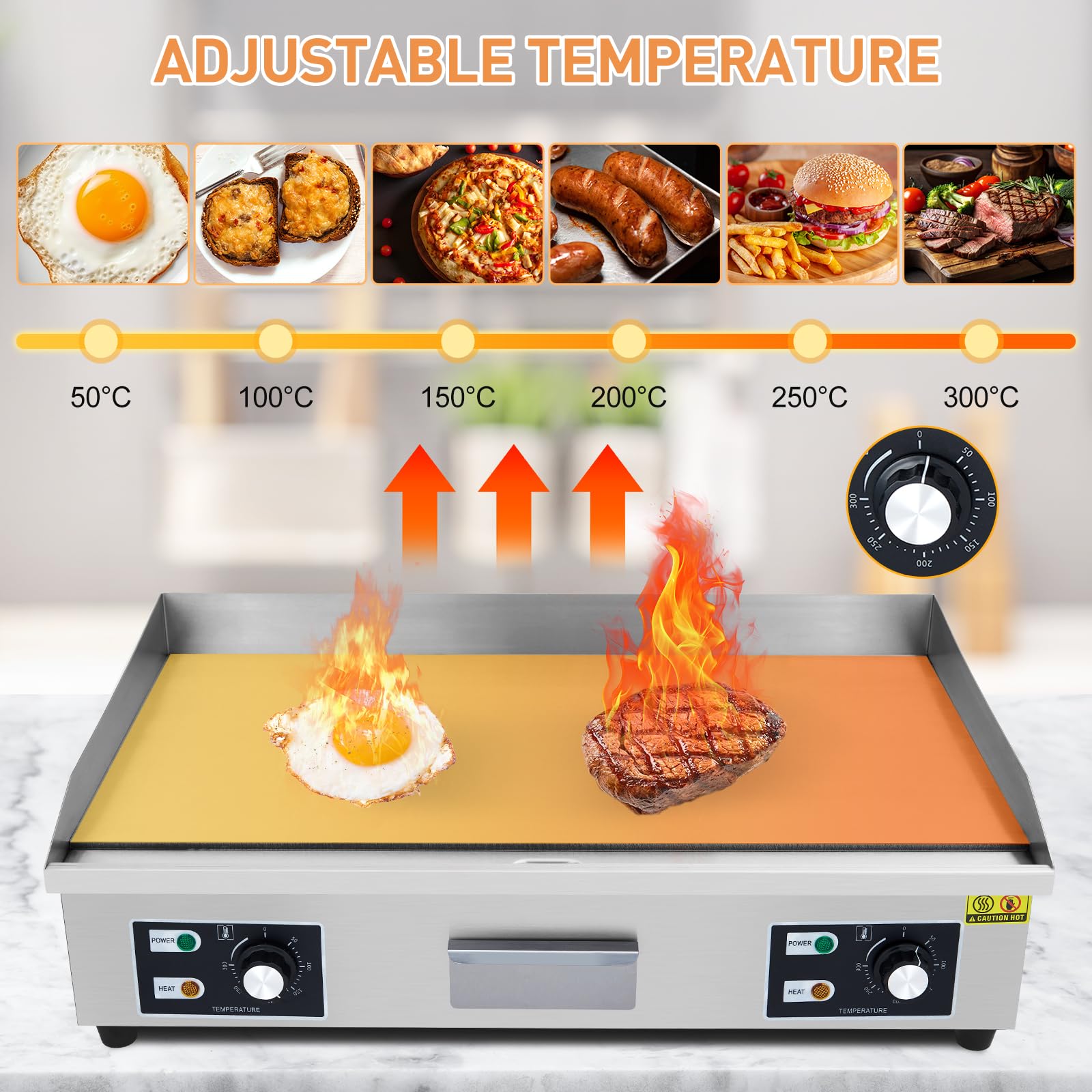 GARVEE 29 Inch Commercial Electric Griddle - 3000W Stainless Steel Flat Top Grill with Non-Stick Surface for Restaurant, Kitchen & Outdoor BBQ (110V, No Plug Included) - Perfect for Teppanyaki, Pancakes, Burgers & Large Batch Cooking