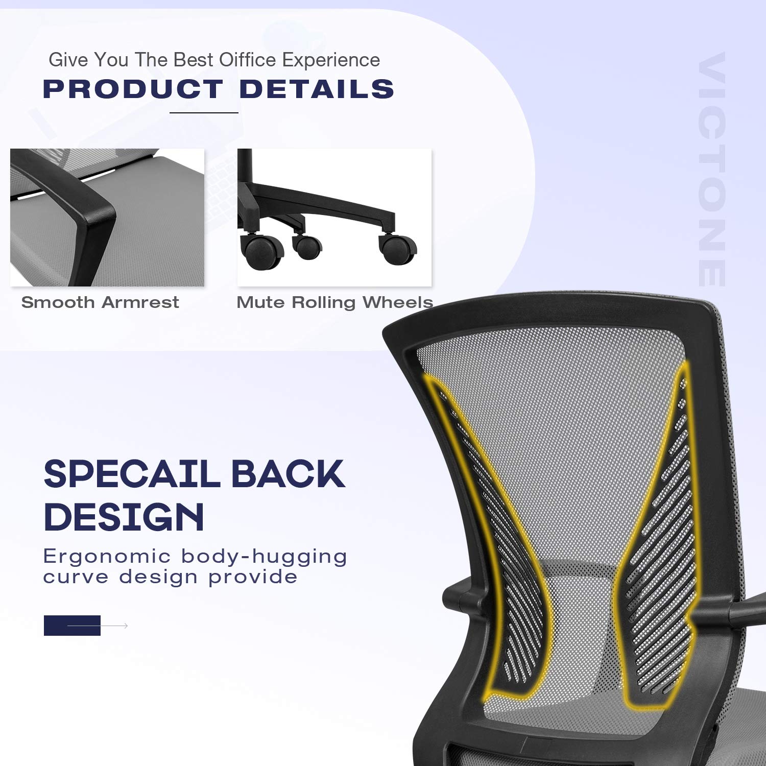VICTONE Ergonomic Mesh Office Chair with Lumbar Support - Mid Back Swivel Task Chair for Home Office, Computer Desk - Adjustable Height & Breathable Mesh (Gray) - Perfect for Long Hours of Work & Gaming