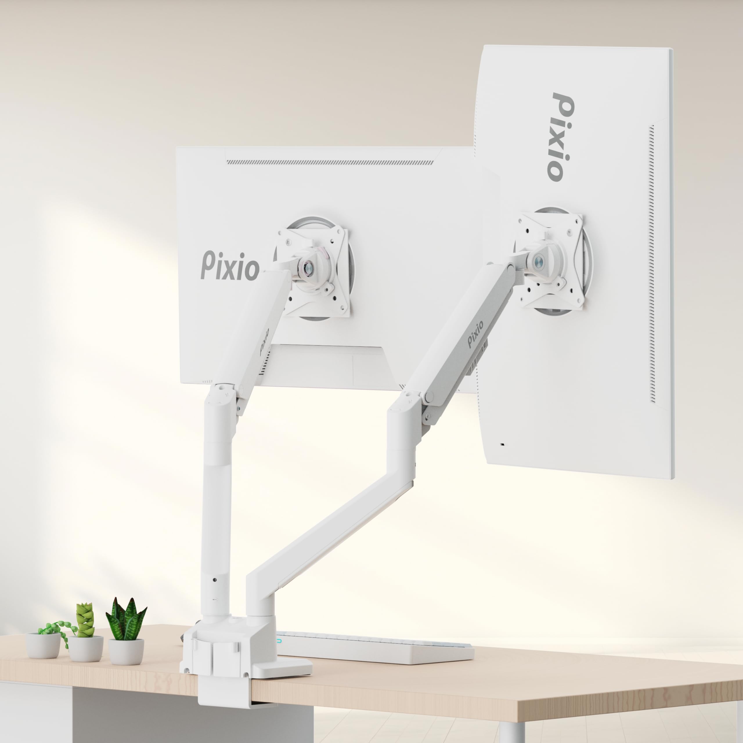 Pixio PS1D Wave White Dual Monitor Arm Stand - Adjustable Desk Mount for 13-32 inch Screens (19.8lbs Capacity), VESA 75x75/100x100 Compatible with Cable Management - Perfect for Home Office, Gaming & Workspace Setup