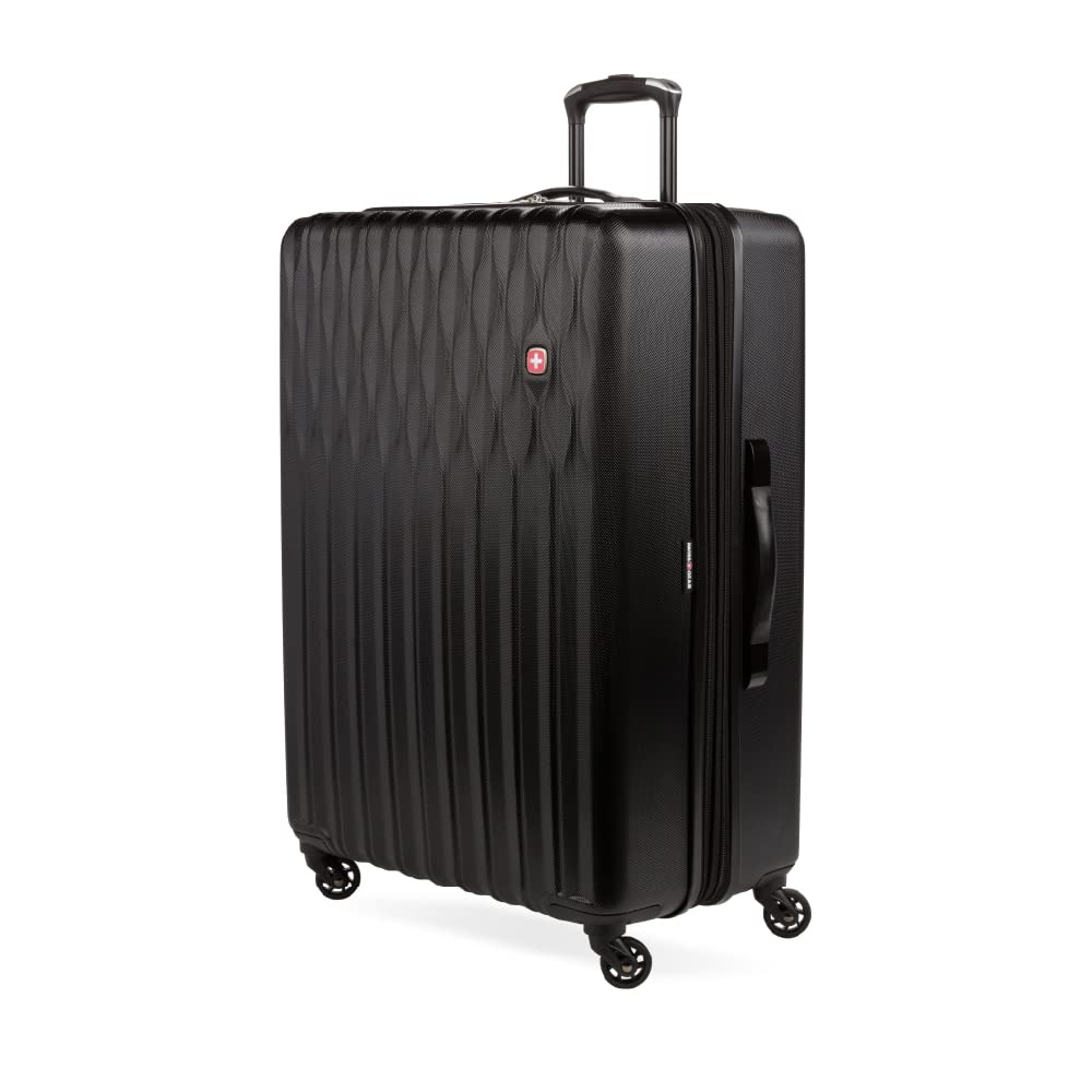 SwissGear 8018 Expandable Hardside Spinner Wheel Luggage - 27 Inch Large Checked Suitcase for Travel, Black | Perfect for International Flights & Long Trips