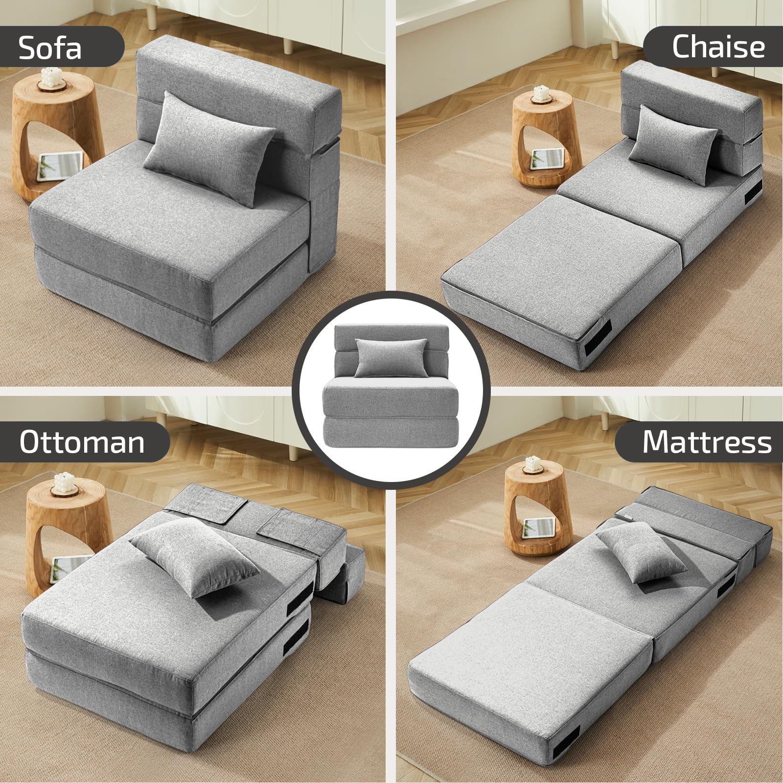 Convertible Folding Sofa Bed with Memory Foam Mattress & Pillow - Multi-Functional Sleeper Chair for Living Room, Dorm, Guest Room, Home Office - Light Gray - Perfect for Small Spaces, Overnight Guests & Studio Apartments