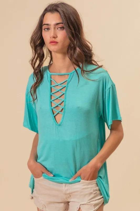 BiBi Jersey Knit Top with Criss Cross Front Neck Detail - Women's Casual V-Neck T-Shirt | Soft Stretch Fabric for Everyday Wear | Perfect for Work, Date Night & Weekend Outfits