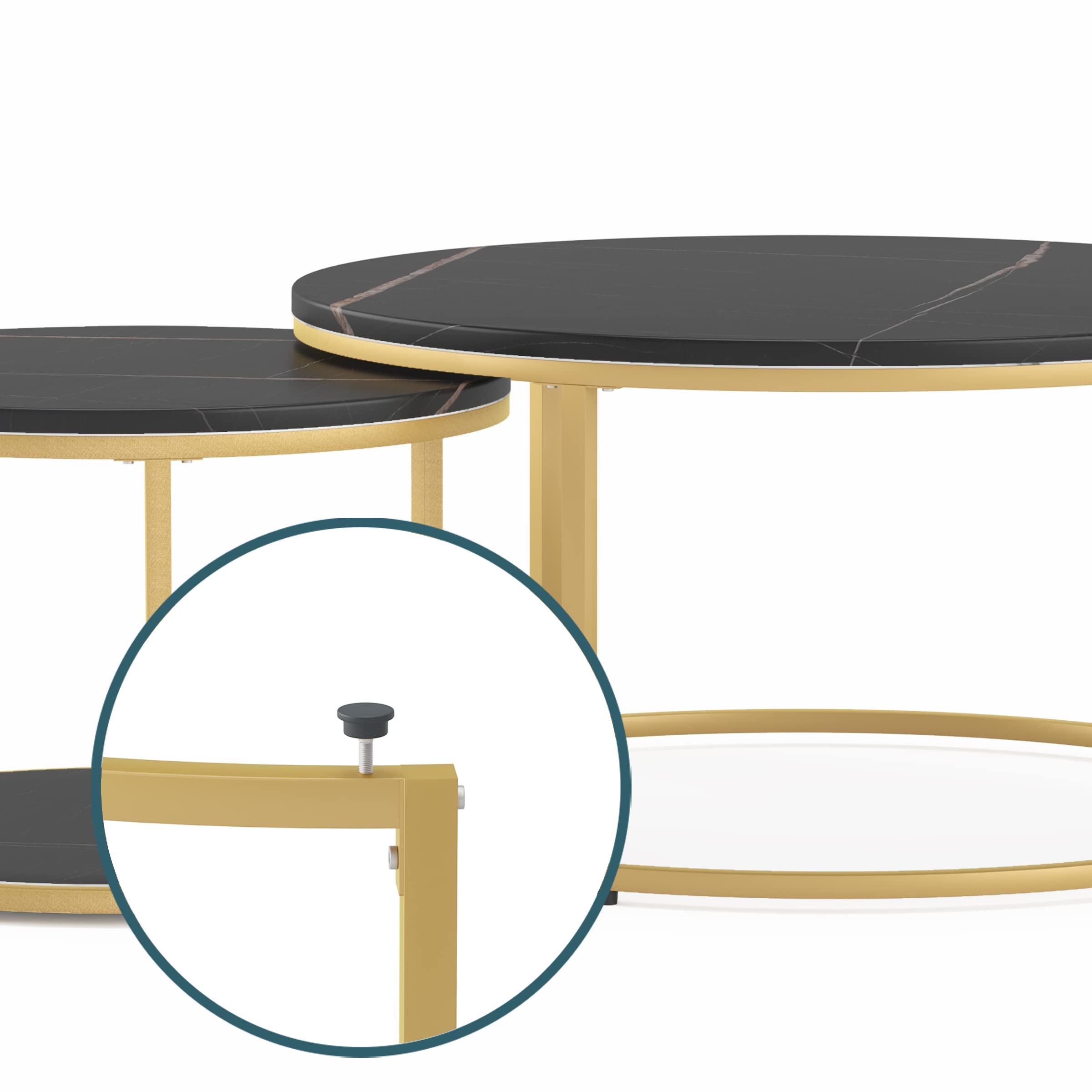 Modern Round Nesting Coffee Table Set of 2 - 34 Inch Wooden Circle Accent Tables with Gold Metal Frame for Living Room, Balcony & Office - Easy Assembly Black & Black - Perfect for Small Spaces, Home Decor & Coffee Time