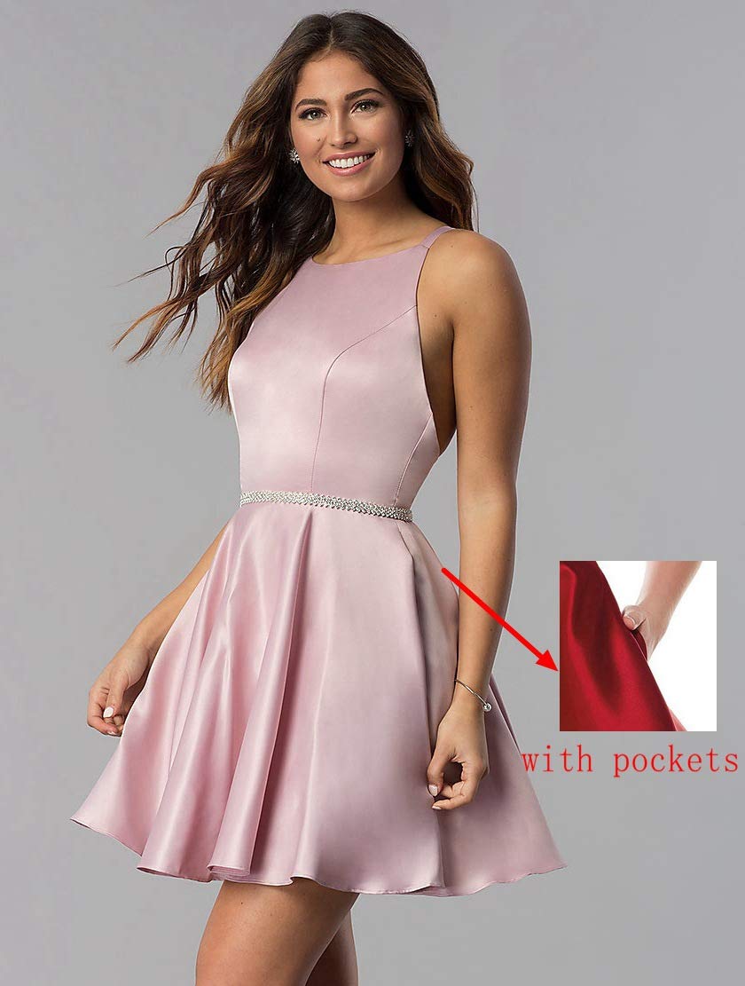 POMUYOO Women's Elegant Scoop Neck Beaded Satin Prom Dress Short Homecoming Party Gown with Pockets - Perfect for Prom, Homecoming, Cocktail Parties & Special Occasions