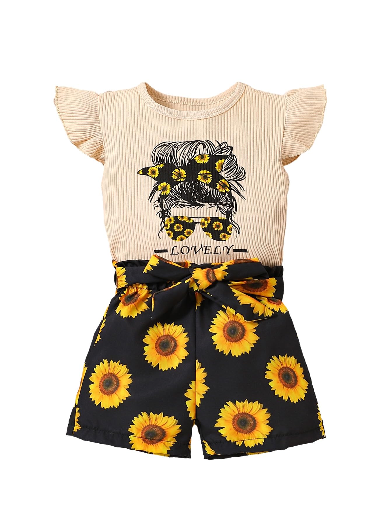 Girls Summer Outfits Set - Ruffle Sleeve Graphic Tee & Shorts Toddler Clothes | Cute Playtime & Beach Wear for Kids