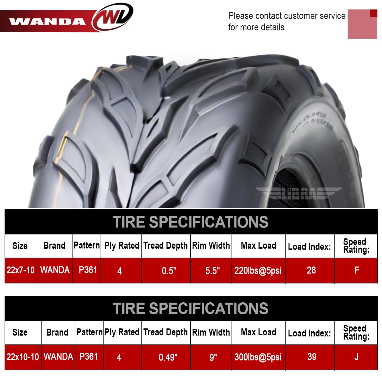 **WANDA 22x7-10 & 22x10-10 ATV Tires Complete Set for Yamaha Big Bear 250 & Bruin 250 Sport - Off-Road, Mud, Trail Riding**