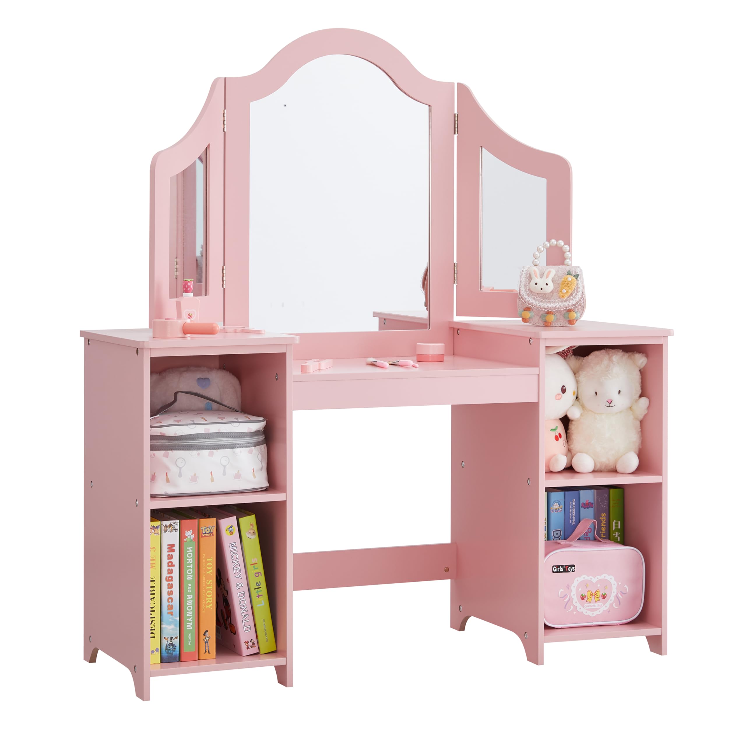 2 in 1 Kids Vanity & Princess Makeup Table with Open Storage Cabinet - Detachable Tri-fold Mirror, Pretend Play Dresser for Little Girls Age 3-9 (Pink) - Perfect for Birthday Gifts, Bedroom Decor & Role Play Activities