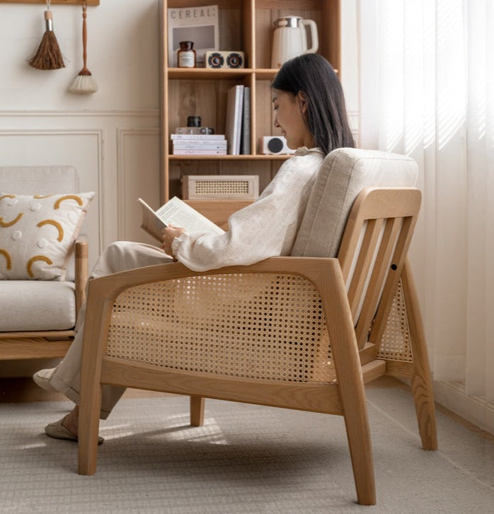 Solid Oak Wood Armchair with Milky Skin Tone Finish and Rattan Accents - Perfect for Living Room, Bedroom, or Office Decor