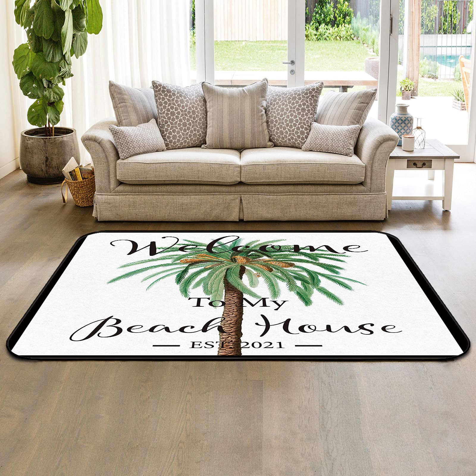 3' x 5' Modern Tropical Palm Leaf Area Rug - Soft Indoor/Outdoor Throw Carpet for Living Room, Bedroom, Nursery - Summer Beach Style Decor with Coconut Tree Design - Perfect for Kids Room, Patio & Dorm