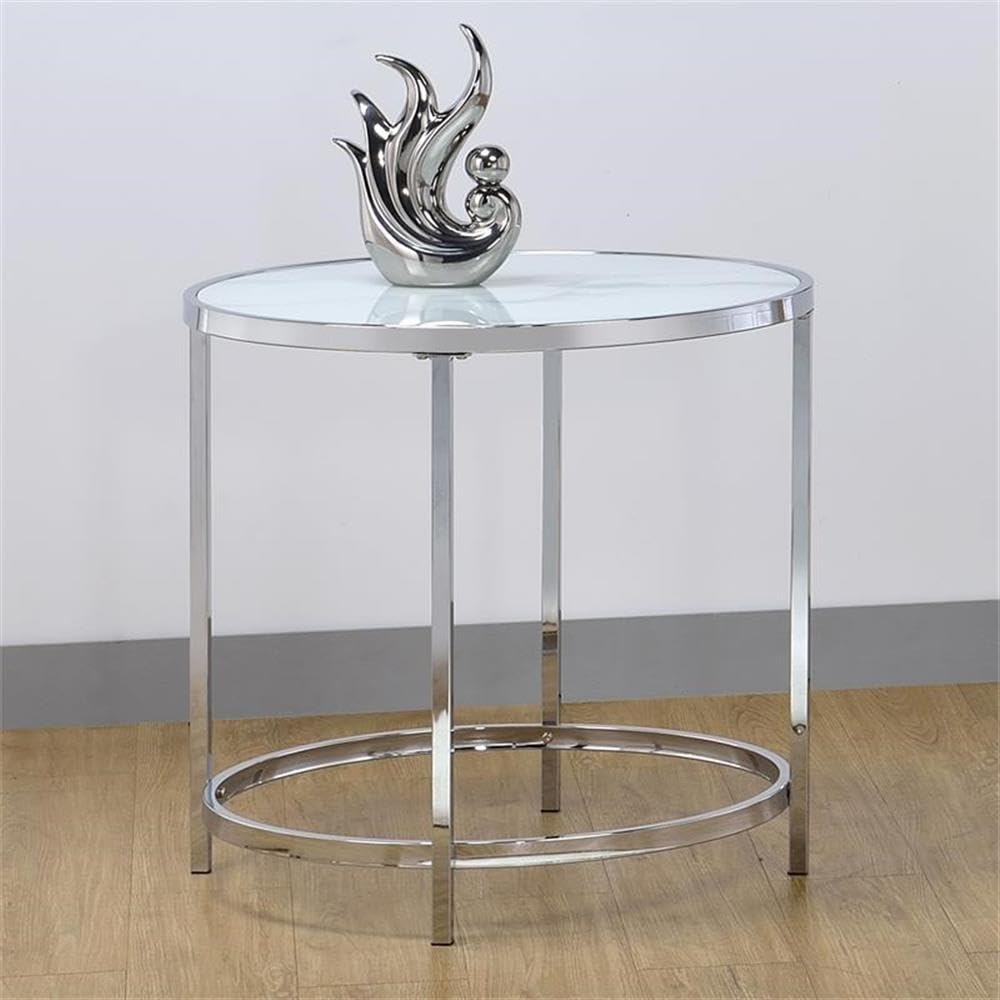 BOWERY HILL White Round Contemporary Metal End Table with Faux Marble Top - Perfect for Living Room, Bedroom, or Office Side Table