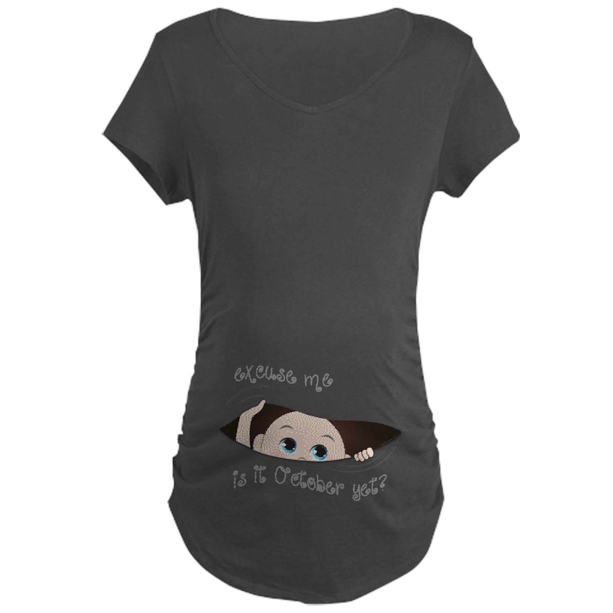 Funny Peeking Baby October Maternity Dark T-Shirt - Women's Ruched Side Pregnancy Shirt for Expecting Moms | Perfect for Baby Showers, Maternity Photos & Pregnancy Announcements