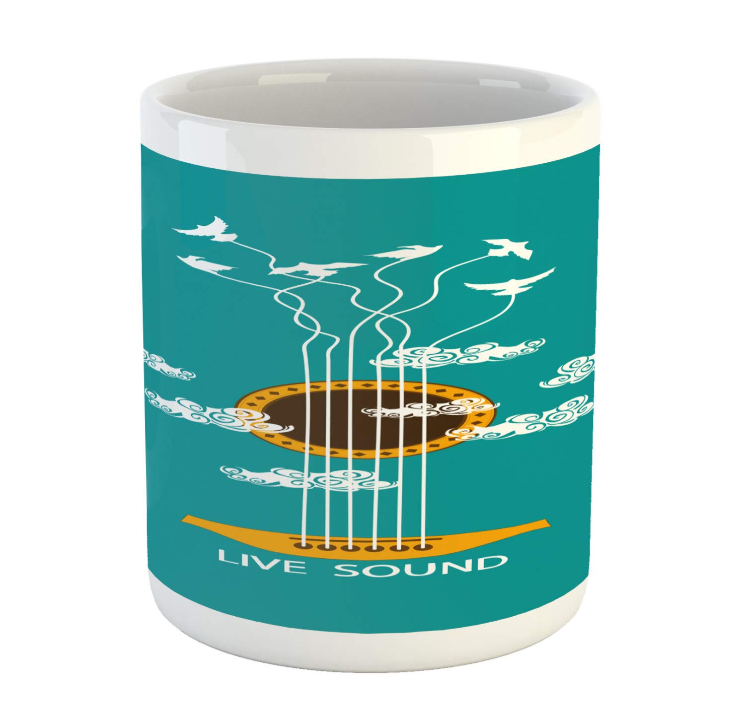 Ambesonne Guitar Mug - Abstract Music Themed Ceramic Coffee Cup with Birds on Strings & Clouds Design, Turquoise Marigold White - Perfect for Tea, Coffee & Hot Drinks at Home, Office or Music Studio