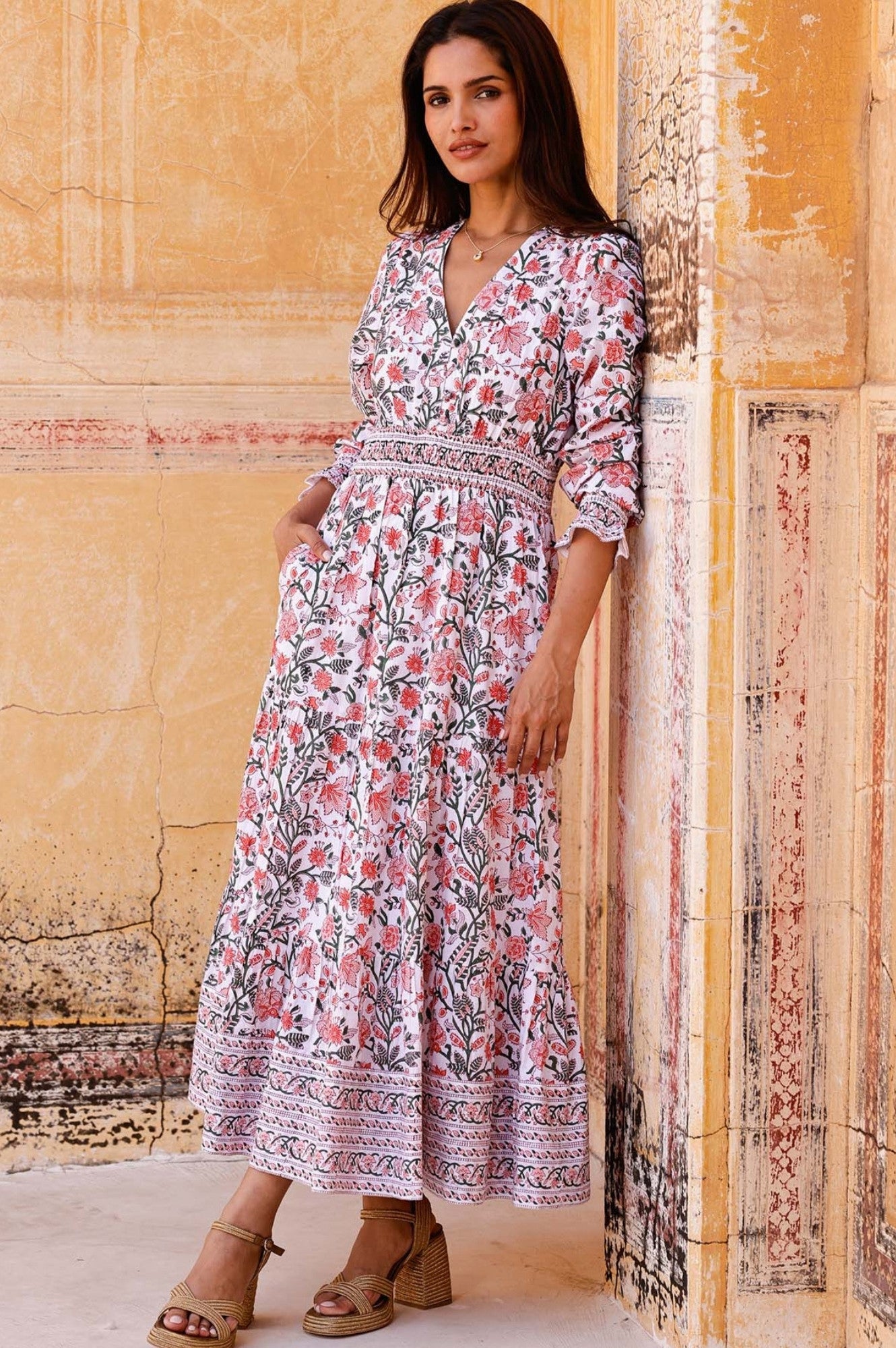 Billie Organic Cotton Block Print Dress - Gardenia Pink & Green Floral | Boho Chic Summer Dress for Women | Perfect for Beach, Vacation & Casual Outings
