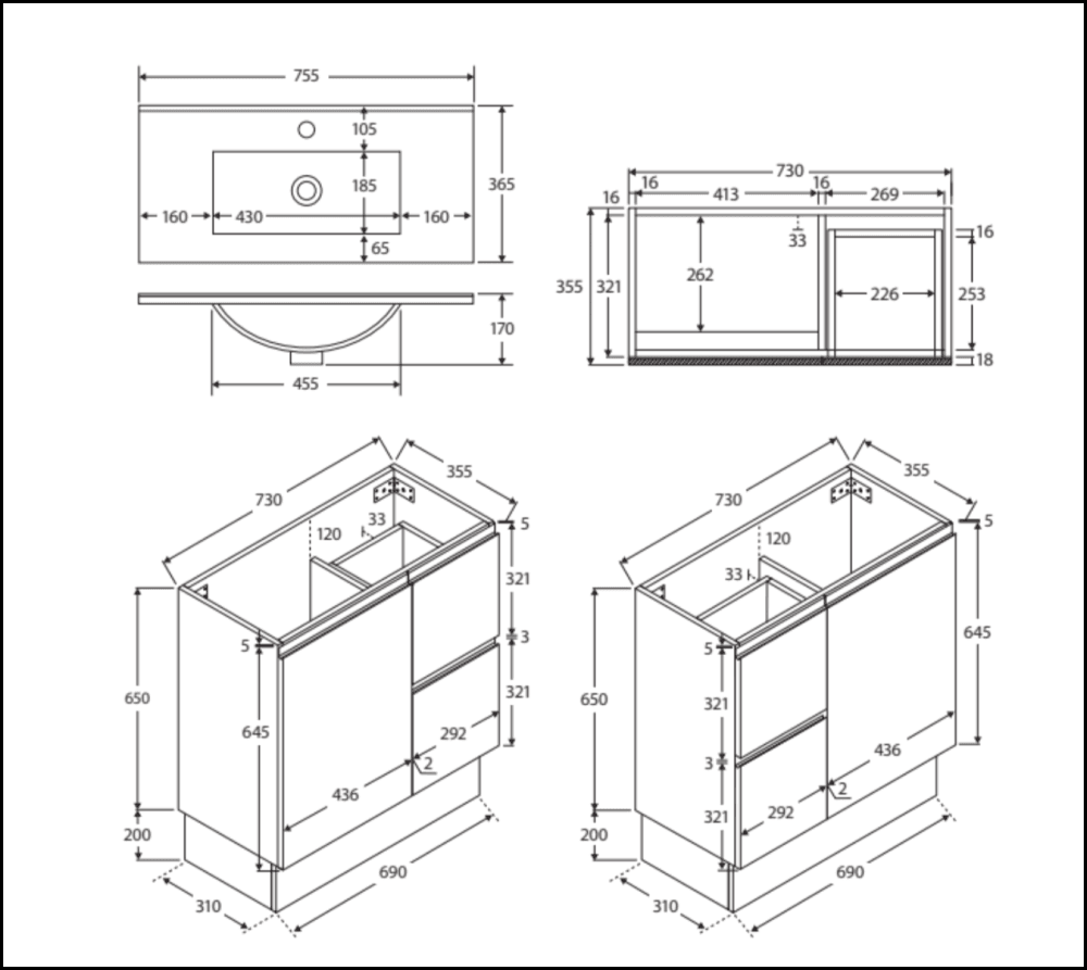 Fienza Siska 75DFKL 30-Inch Slim Bathroom Vanity Set with Left Drawers & Kickboard - Satin White Finish for Modern Bathrooms | Space-Saving Design for Small Bathrooms & Powder Rooms