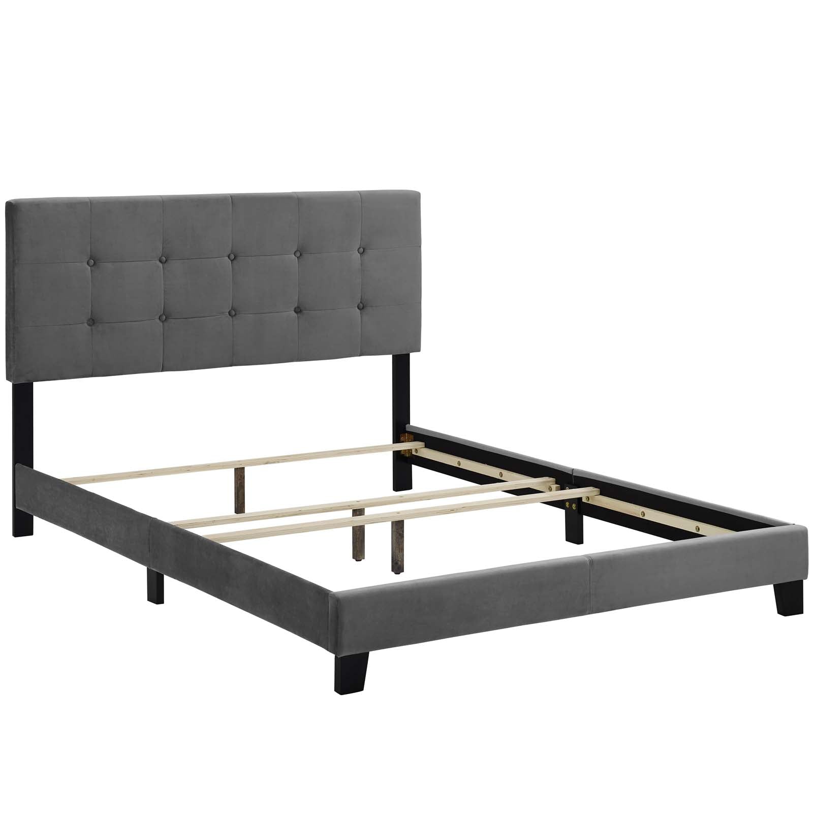 Amira Performance Velvet Bed - Luxury Soft Velvet Upholstered Queen/King Size Bed Frame with Sturdy Wooden Slats - Perfect for Modern Bedroom, Guest Room or Master Suite Decor