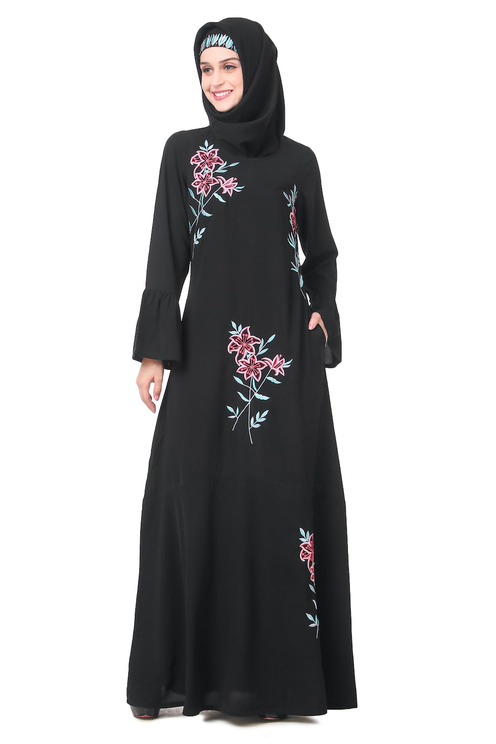 Elegant Floral Embroidered Abaya Dress for Women - Modest Islamic Prayer Gown - Perfect for Eid, Ramadan, and Special Occasions