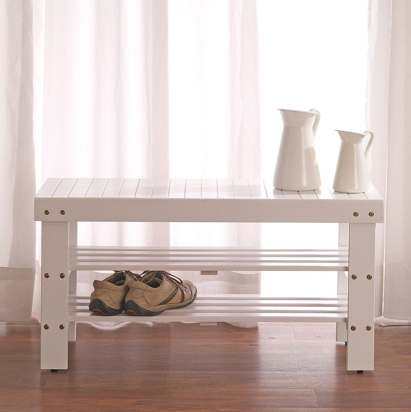 Roundhill Furniture Pina Solid Wood Shoe Bench with Storage - White Finish Entryway Organizer for Home & Office