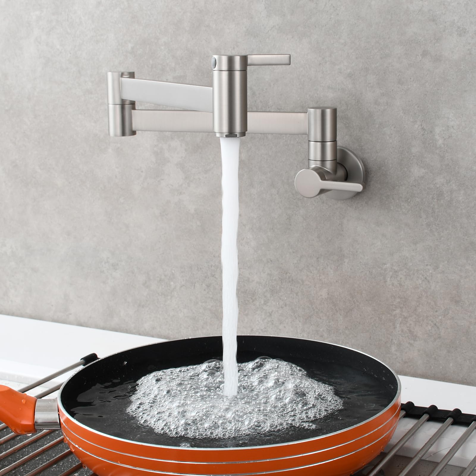 Brass Wall Mounted Kitchen Pot Filler Faucet with Double Joint Swing Arm - Brushed Nickel Finish (CT172NA) - Perfect for Stove-Side Water Filling & Large Pot Cooking