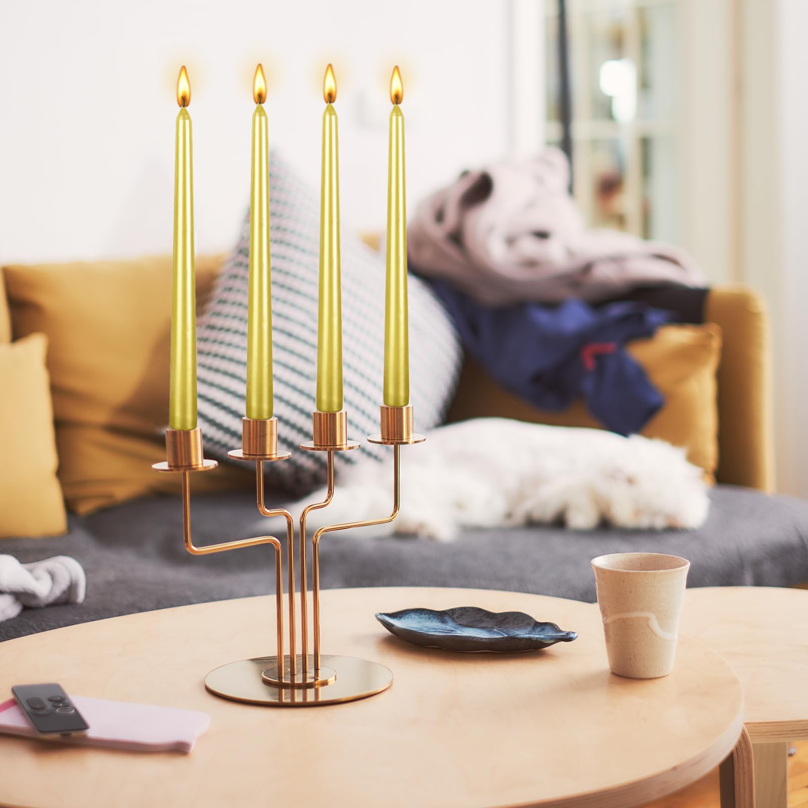 12 Pack 10 Inch Spiral Taper Candles - Long Lasting 8 Hours, Unscented & Smokeless - Elegant Glossy Gold for Home Decor, Dinner Parties, Weddings, Halloween & Christmas Celebrations